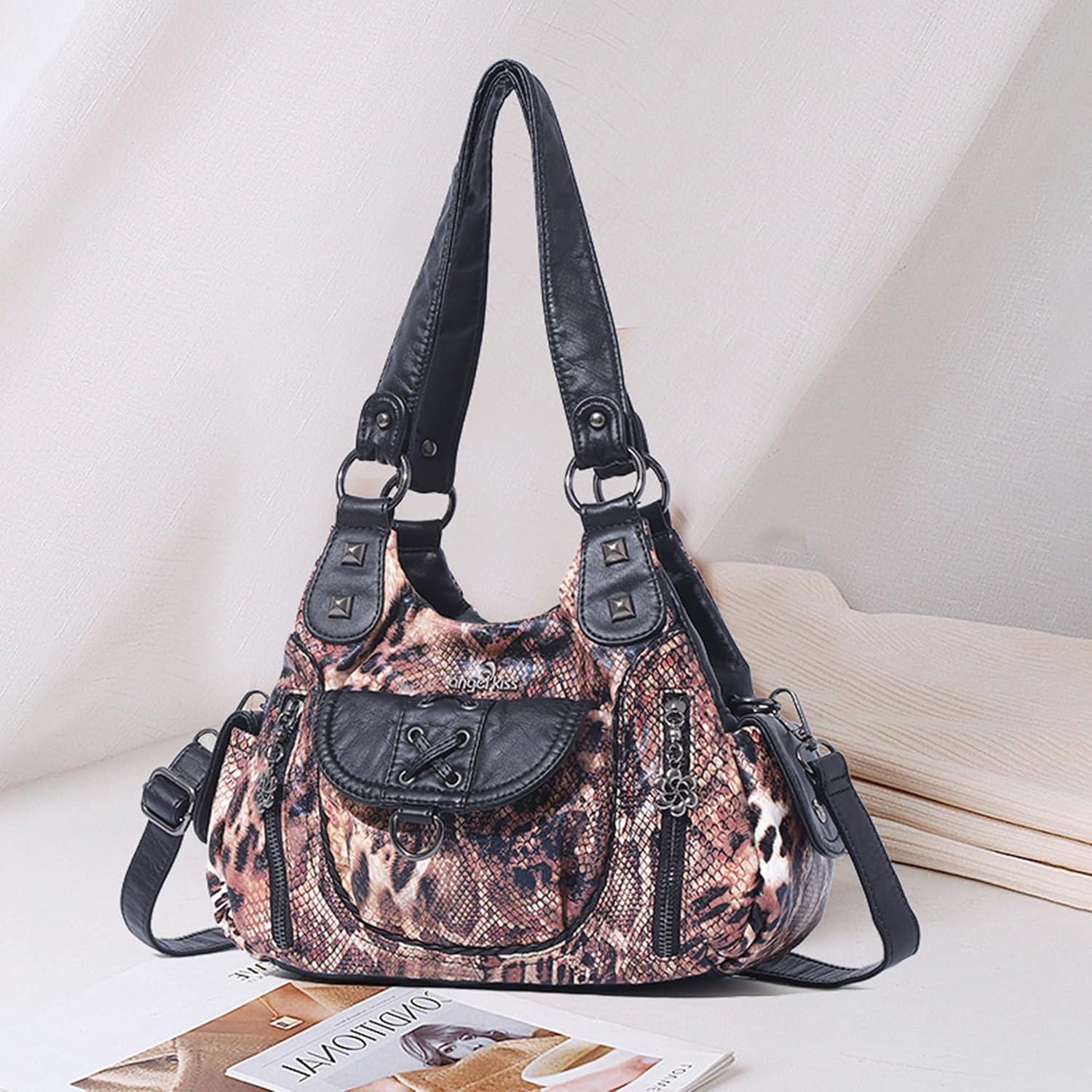 imageAngel Kiss Small Purses for Women Hobo Shoulder Bags Y2K Vegan Leather MultiPocket Handbags Designer Crossbody Tote BagBrownblackleopard