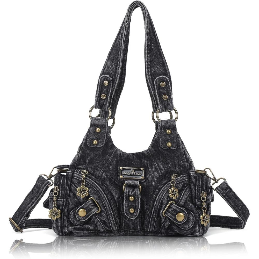 imageAngel Kiss Purses for Women Small Hobo Shoulder Bags Vagen Leather MultiPocket Tote Bag with ZipperDenim Black