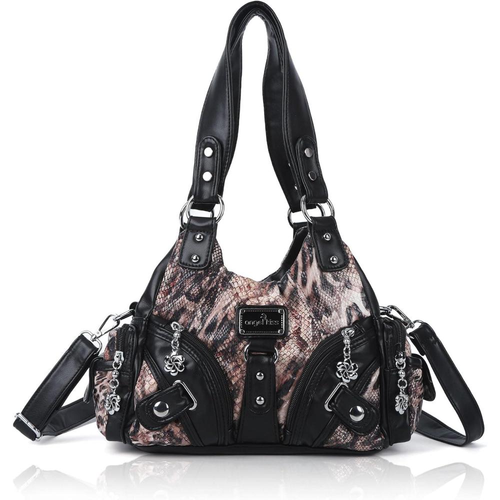 imageAngel Kiss Purses for Women Small Hobo Shoulder Bags Vagen Leather MultiPocket Tote Bag with ZipperLeopad BlackBrown