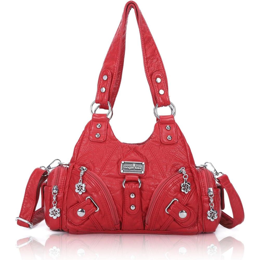 imageAngel Kiss Purses for Women Small Hobo Shoulder Bags Vagen Leather MultiPocket Tote Bag with ZipperRed