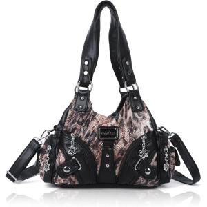 Angel Kiss Purses for Women Small Hobo Shoulder Bags Vagen Leather Multi-Pocket Tote Bag with Zipper(Leopad Black/Brown)