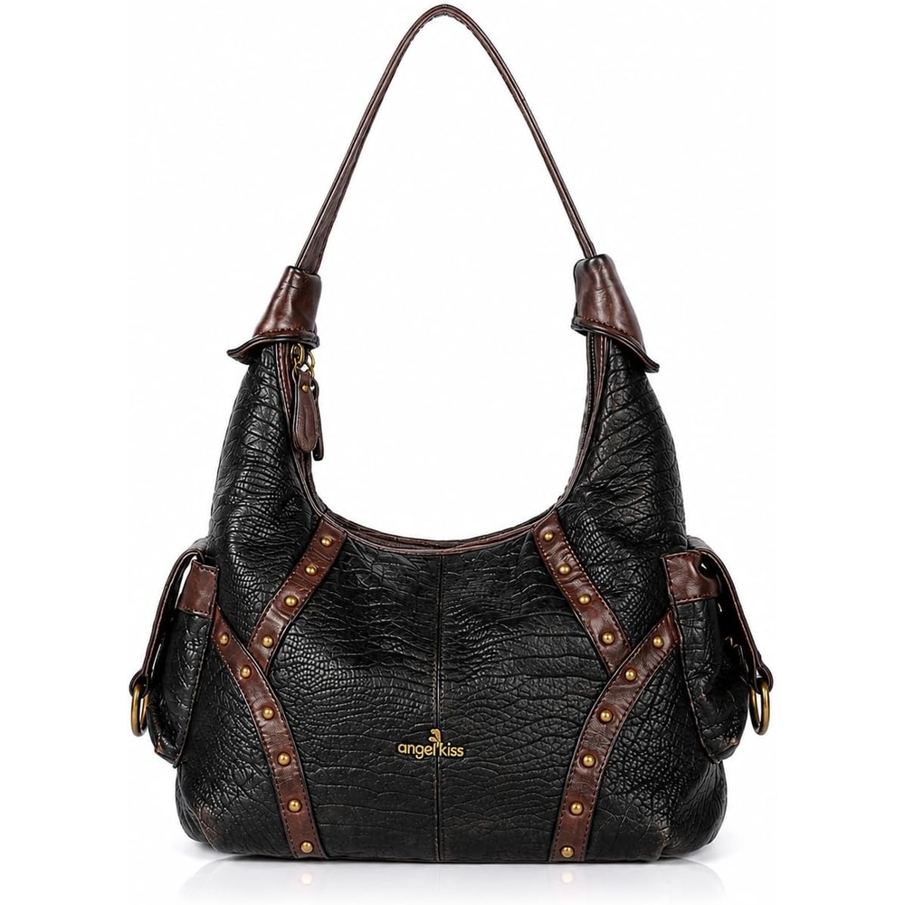 imageAngel Kiss Soft PU Leather Shoulder BagHobo Purse for Women with Dual Zipper Compartments Ladies HandbagBlack Gold