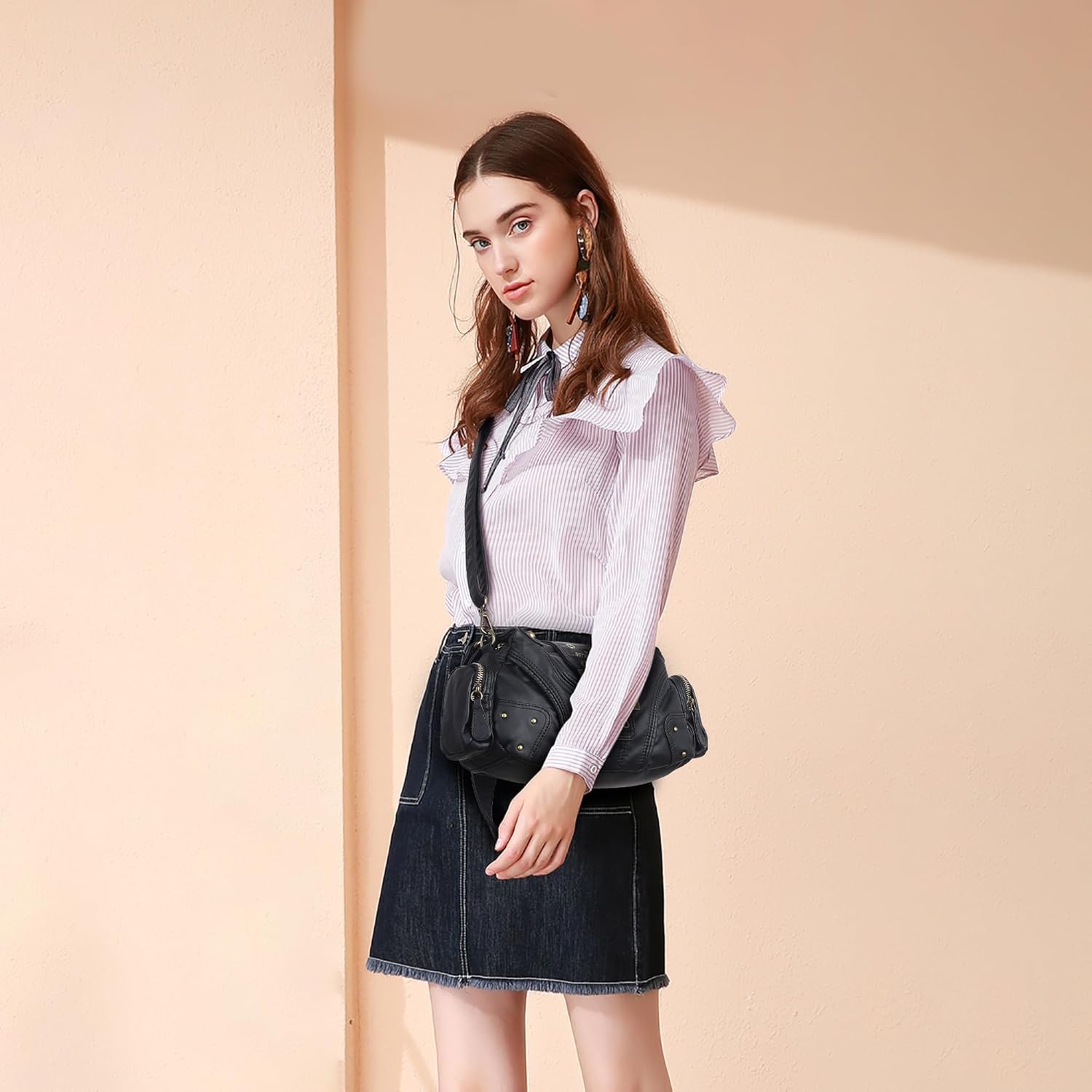 image:imageAngel Kiss Hobo Purses for Women Small Vegan Leather Shoulder Handbag Vintage MultiPocket Crossbody Bag Tote BagBlack