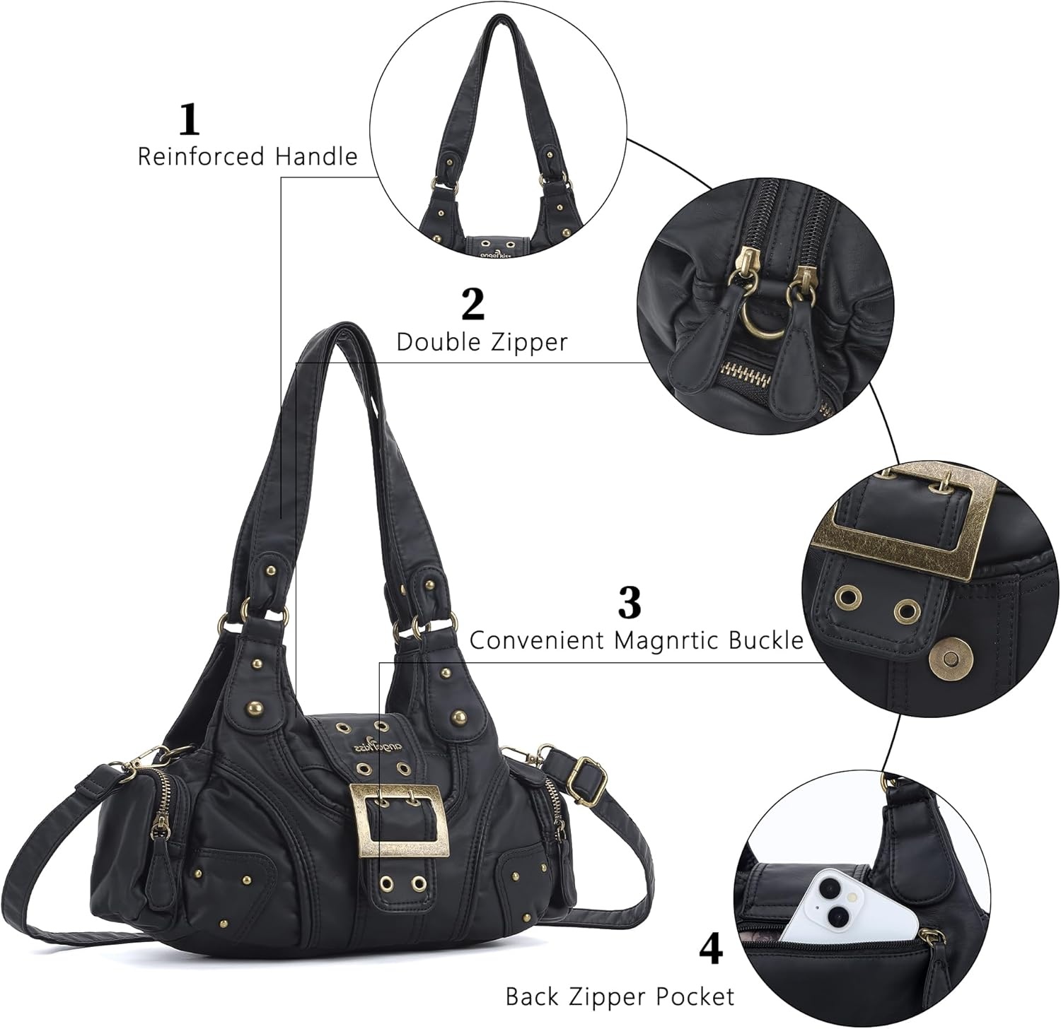 image:imageAngel Kiss Hobo Purses for Women Small Vegan Leather Shoulder Handbag Vintage MultiPocket Crossbody Bag Tote BagBlack