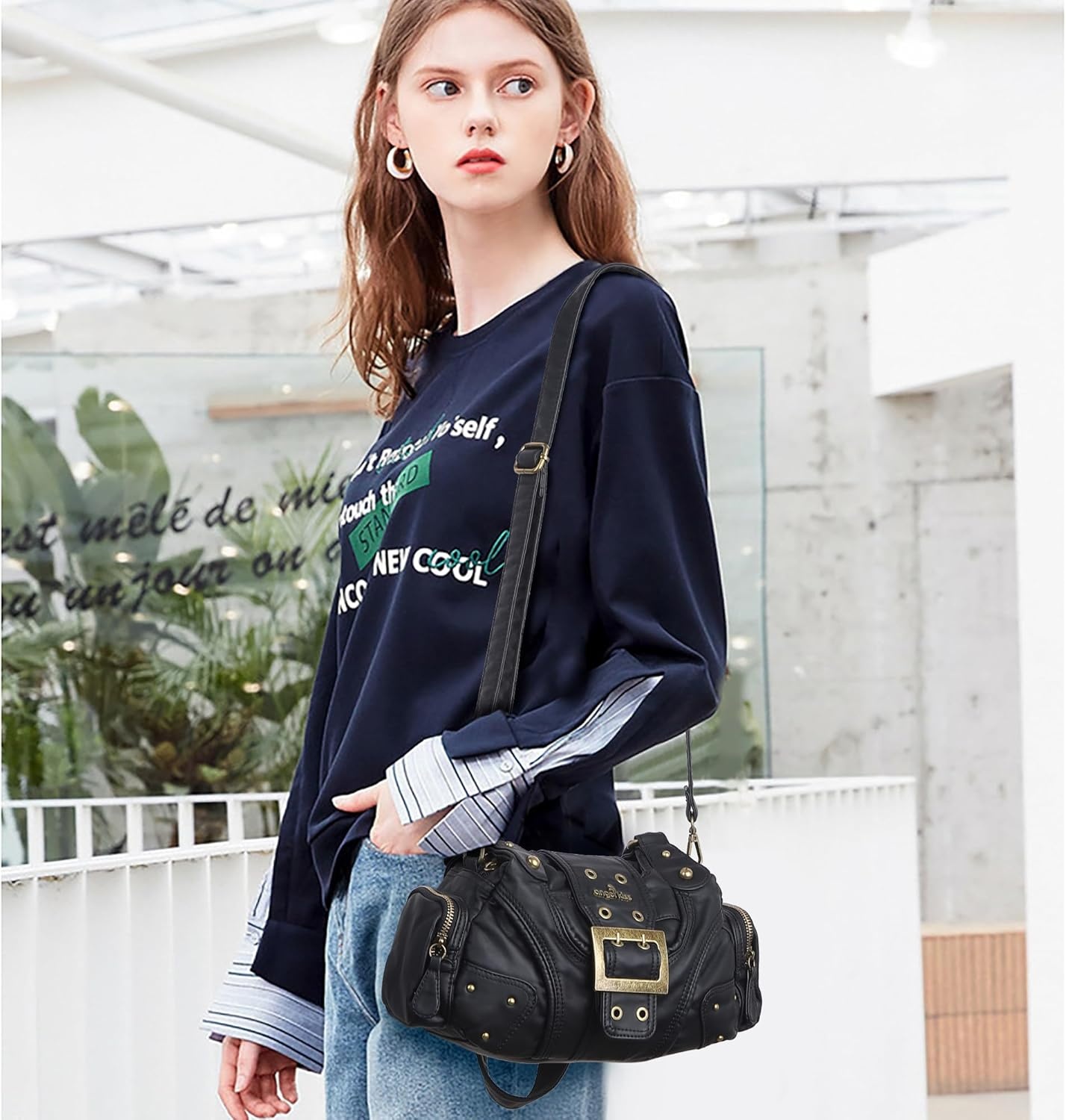 image:imageAngel Kiss Hobo Purses for Women Small Vegan Leather Shoulder Handbag Vintage MultiPocket Crossbody Bag Tote BagBlack