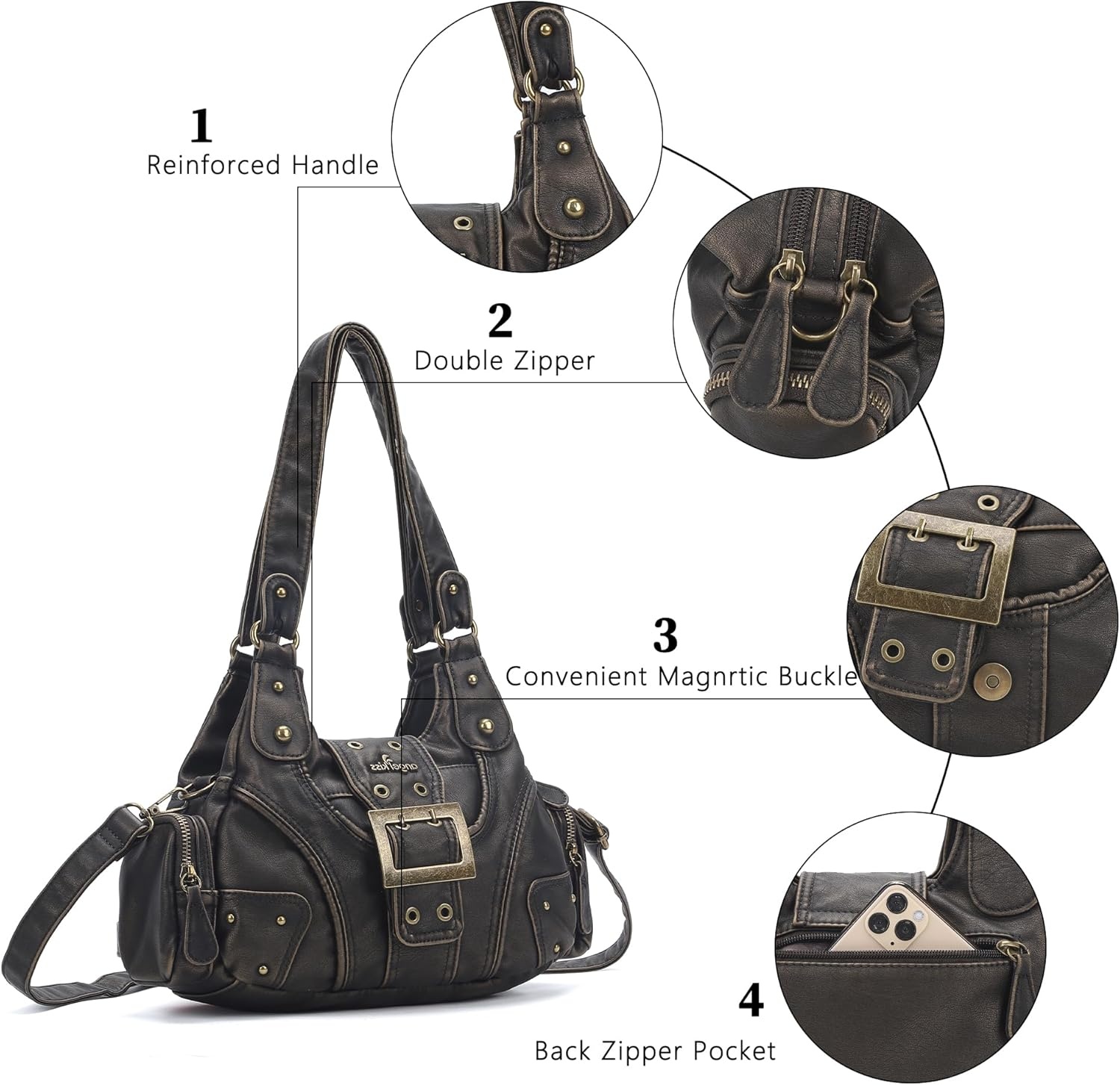 image:imageAngel Kiss Hobo Purses for Women Small Vegan Leather Shoulder Handbag Vintage MultiPocket Crossbody Bag Tote BagBronze