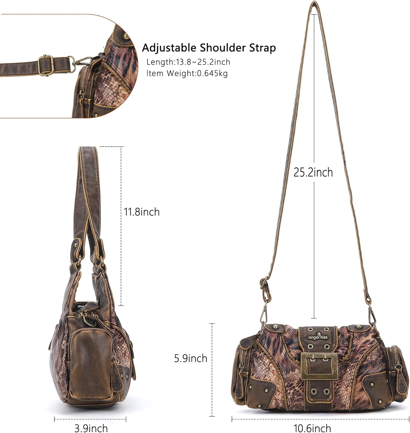image:imageAngel Kiss Hobo Purses for Women Small Vegan Leather Shoulder Handbag Vintage MultiPocket Crossbody Bag Tote BagBrown Snake