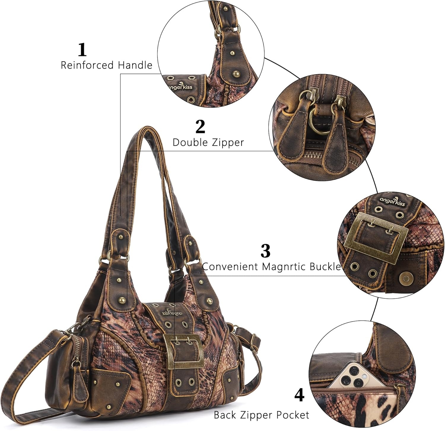 image:imageAngel Kiss Hobo Purses for Women Small Vegan Leather Shoulder Handbag Vintage MultiPocket Crossbody Bag Tote BagBrown Snake