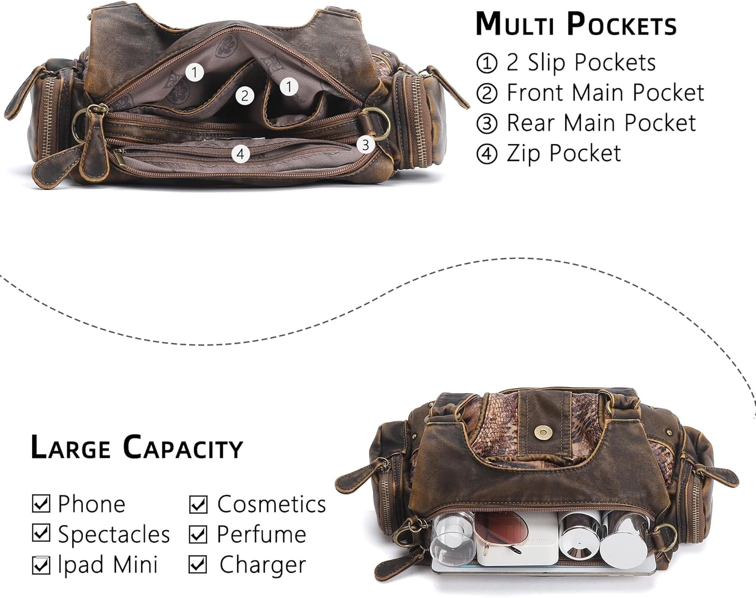 image:imageAngel Kiss Hobo Purses for Women Small Vegan Leather Shoulder Handbag Vintage MultiPocket Crossbody Bag Tote BagBrown Snake