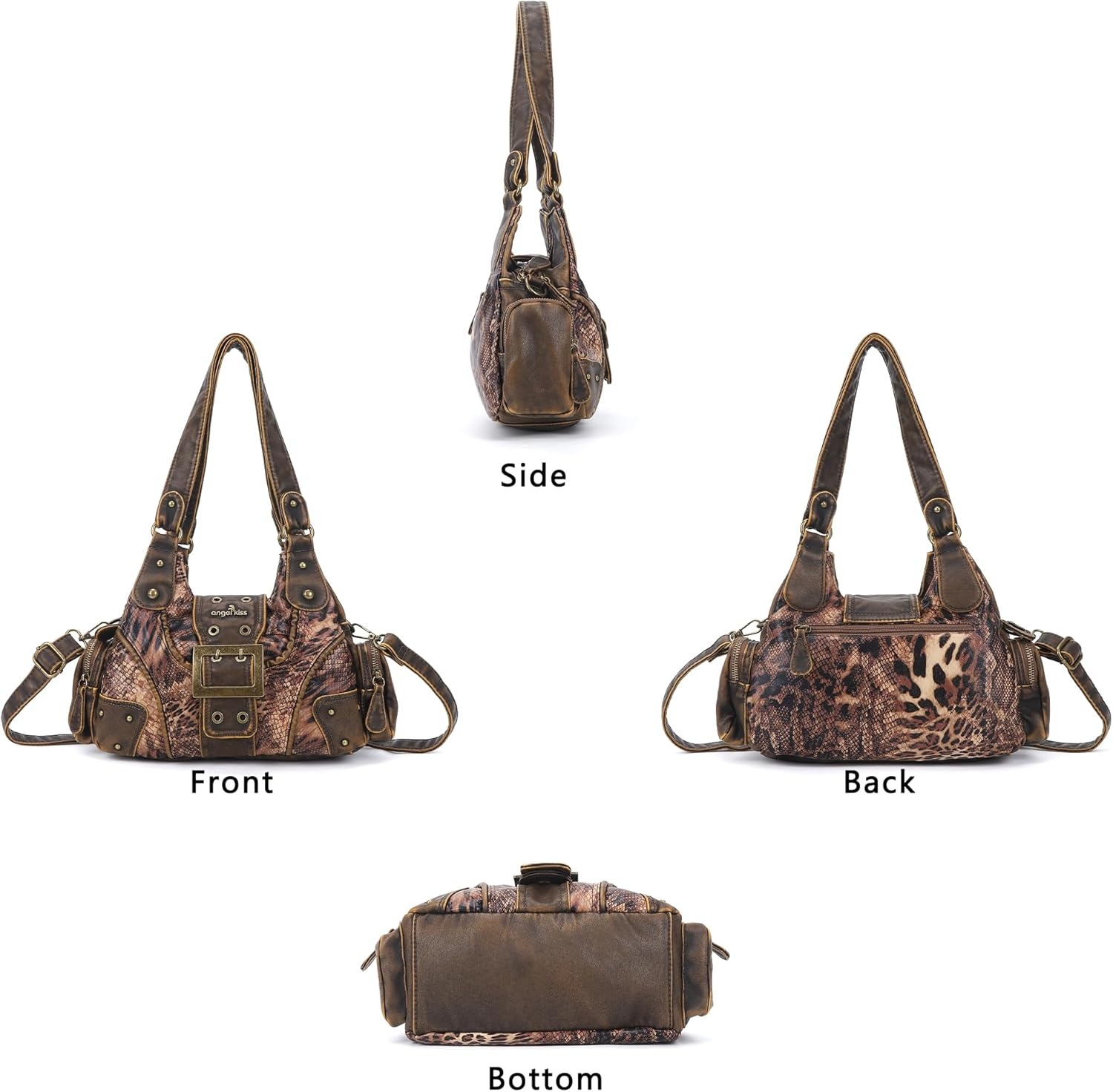 image:imageAngel Kiss Hobo Purses for Women Small Vegan Leather Shoulder Handbag Vintage MultiPocket Crossbody Bag Tote BagBrown Snake