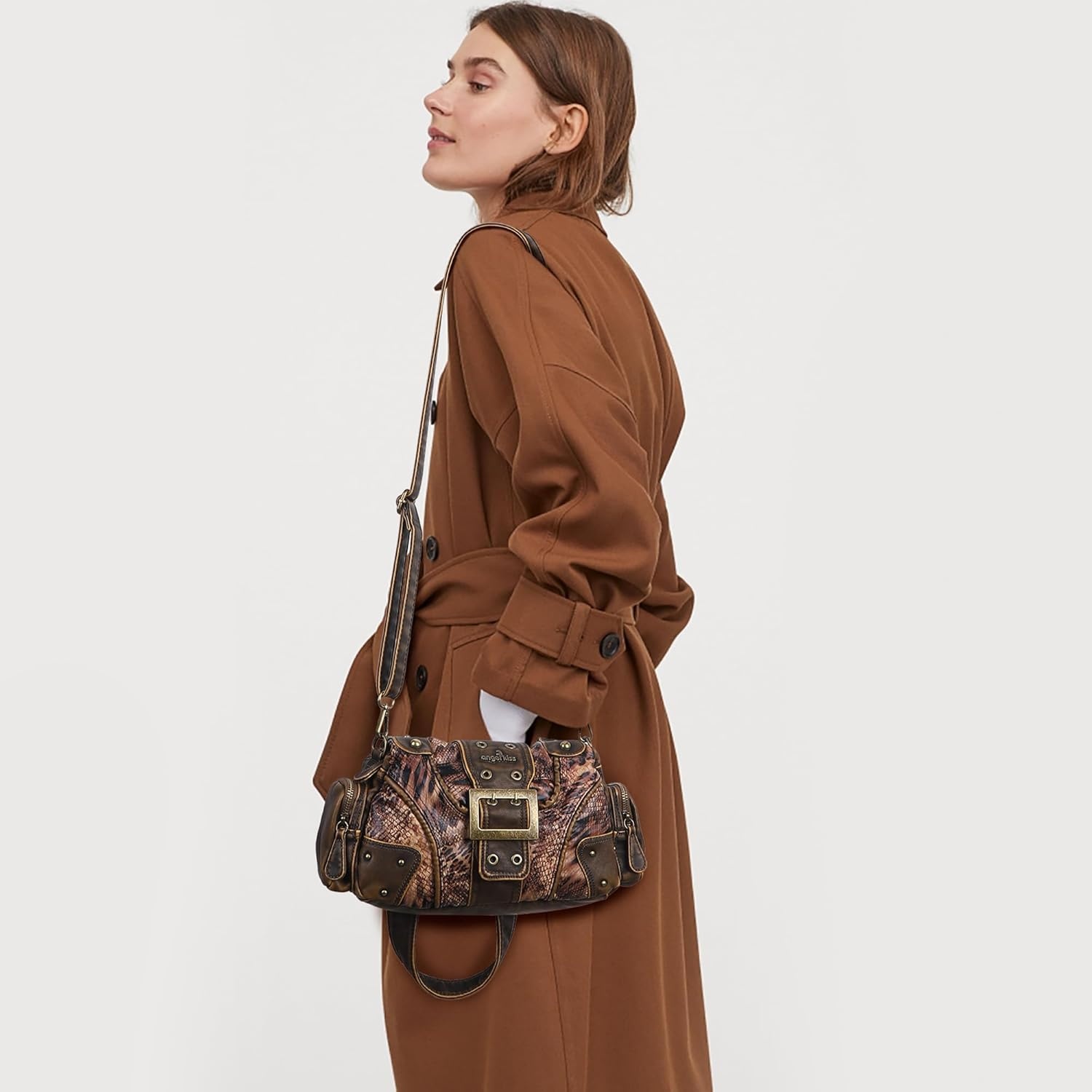 image:imageAngel Kiss Hobo Purses for Women Small Vegan Leather Shoulder Handbag Vintage MultiPocket Crossbody Bag Tote BagBrown Snake