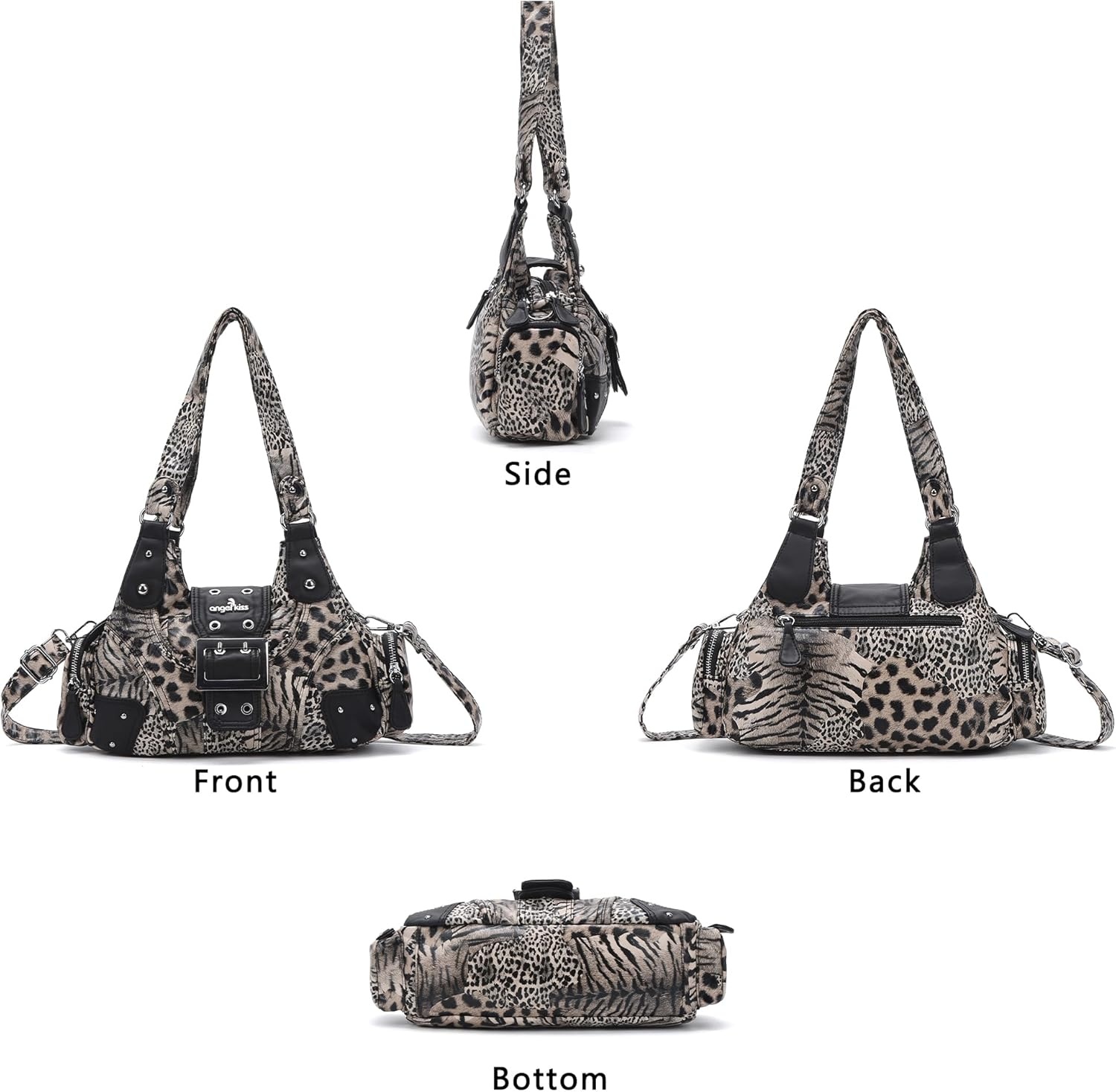 image:imageAngel Kiss Hobo Purses for Women Small Vegan Leather Shoulder Handbag Vintage MultiPocket Crossbody Bag Tote BagGrey Leopard