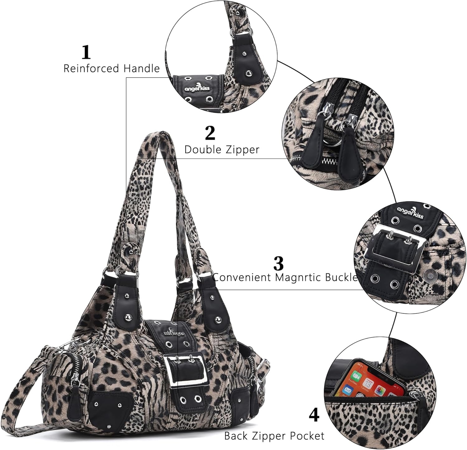 image:imageAngel Kiss Hobo Purses for Women Small Vegan Leather Shoulder Handbag Vintage MultiPocket Crossbody Bag Tote BagGrey Leopard