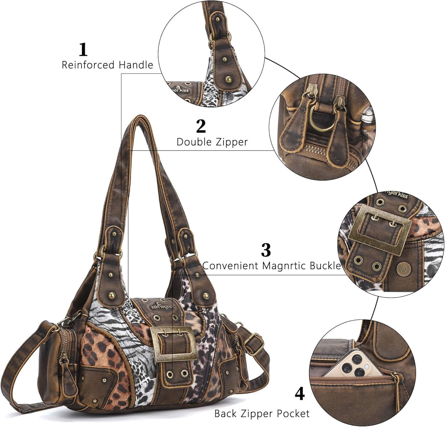 image:imageAngel Kiss Hobo Purses for Women Small Vegan Leather Shoulder Handbag Vintage MultiPocket Crossbody Bag Tote BagMix Leopard