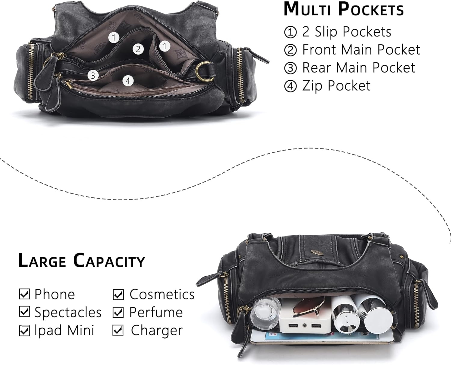image:imageAngel Kiss Hobo Purses for Women Small Vegan Leather Shoulder Handbag Vintage MultiPocket Crossbody Bag Tote BagRetro Black