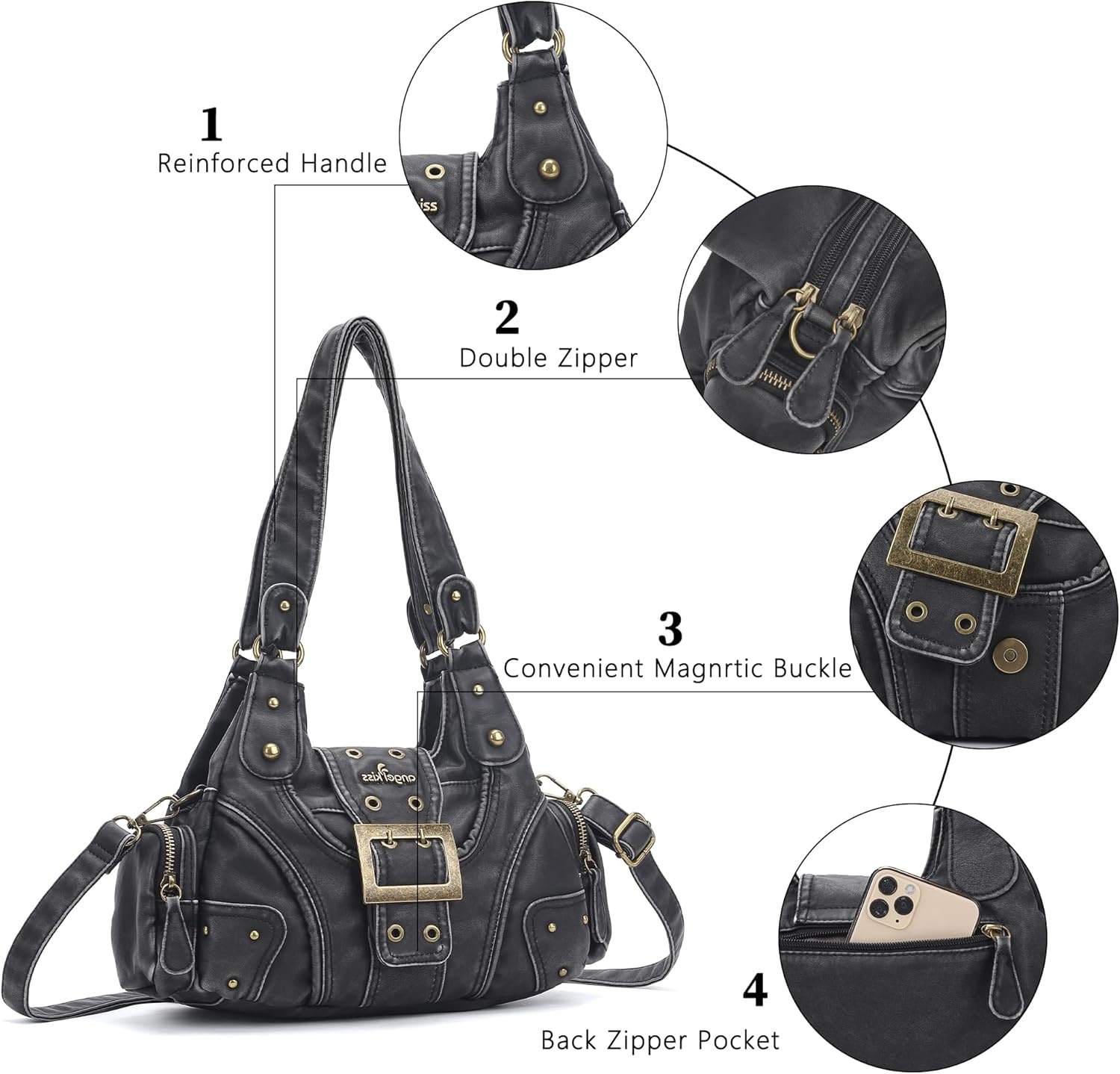 image:imageAngel Kiss Hobo Purses for Women Small Vegan Leather Shoulder Handbag Vintage MultiPocket Crossbody Bag Tote BagRetro Black