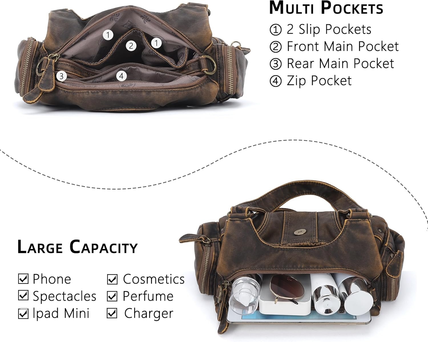 image:imageAngel Kiss Hobo Purses for Women Small Vegan Leather Shoulder Handbag Vintage MultiPocket Crossbody Bag Tote BagRetro Brown