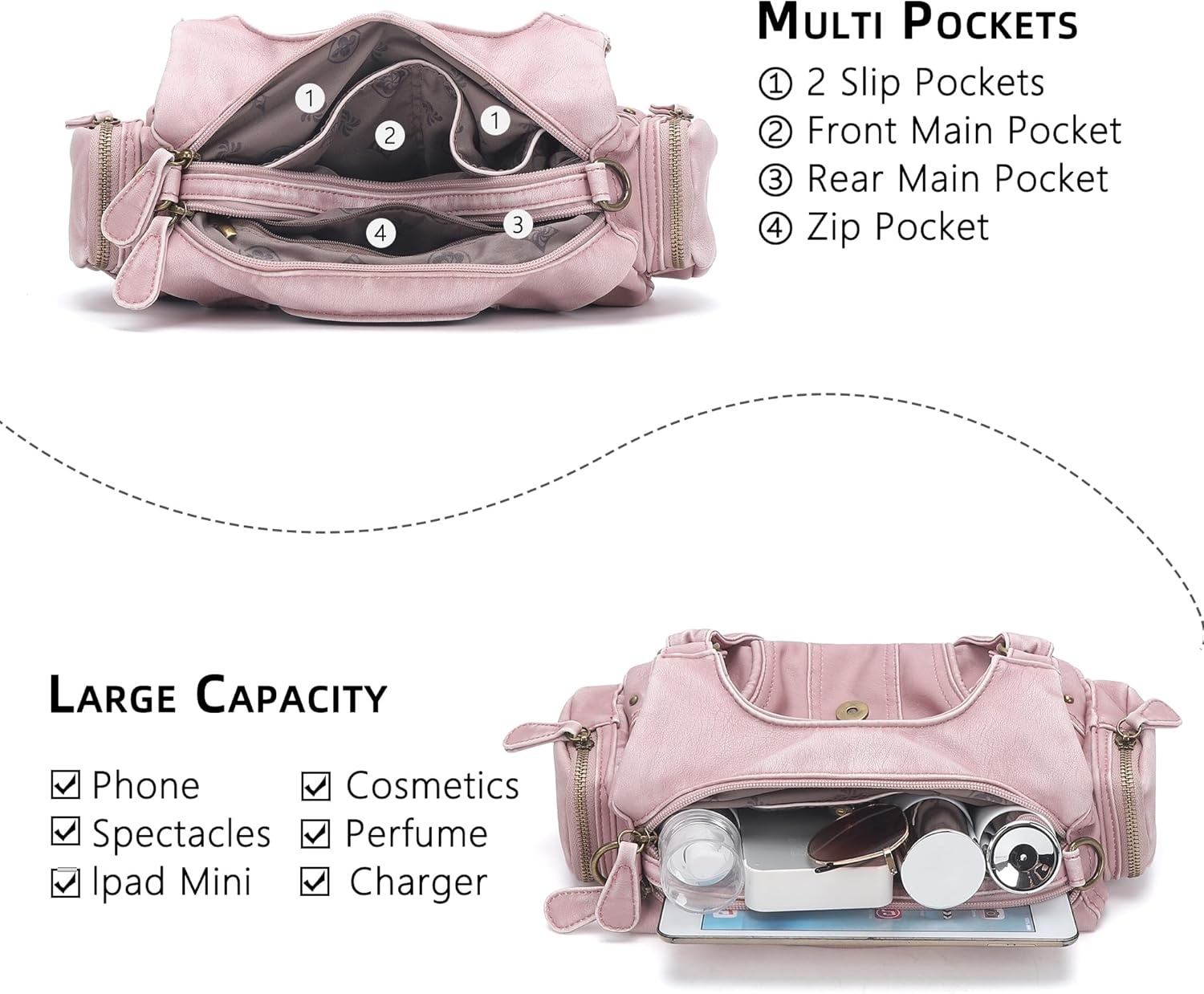 image:imageAngel Kiss Hobo Purses for Women Small Vegan Leather Shoulder Handbag Vintage MultiPocket Crossbody Bag Tote BagVintage Pink