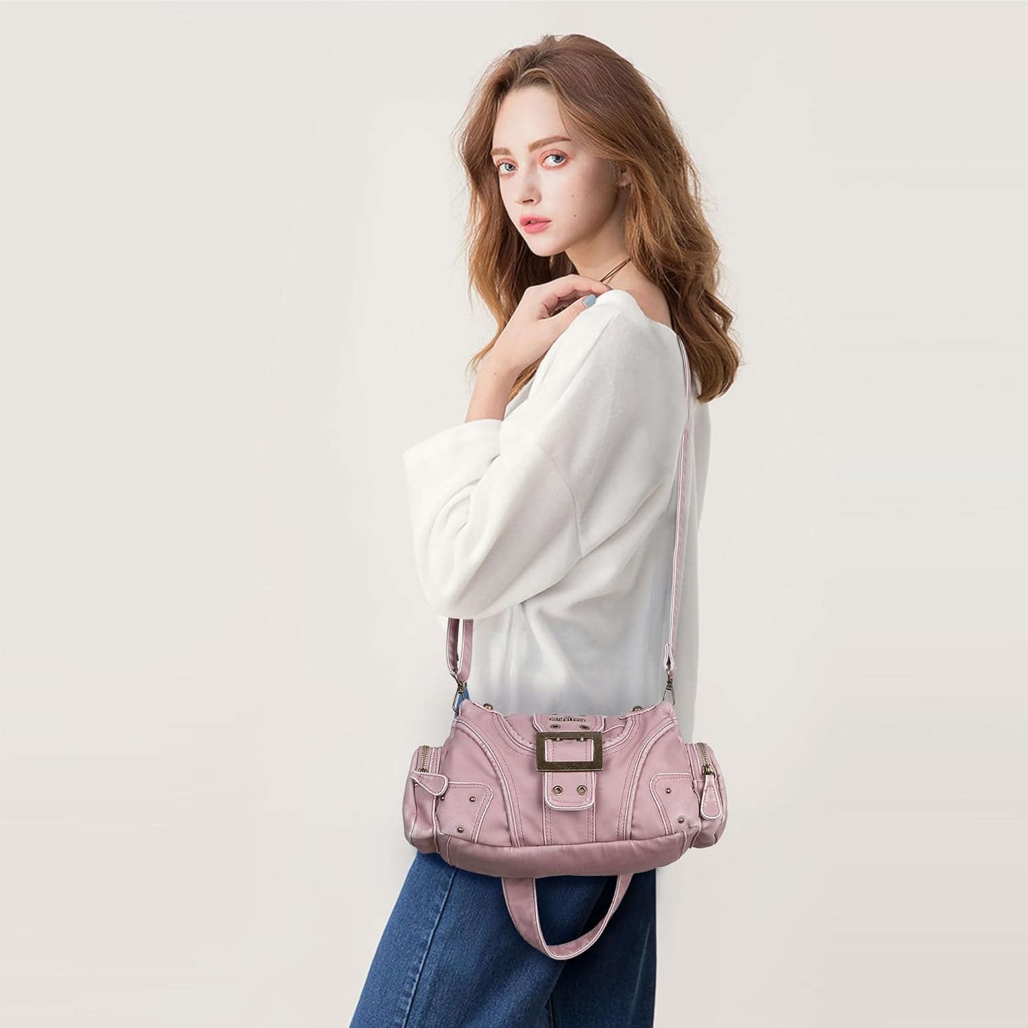 image:imageAngel Kiss Hobo Purses for Women Small Vegan Leather Shoulder Handbag Vintage MultiPocket Crossbody Bag Tote BagVintage Pink