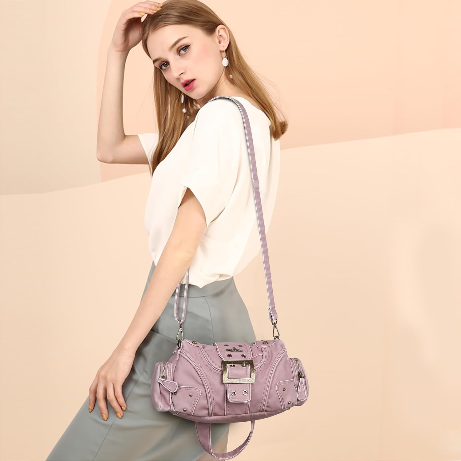 image:imageAngel Kiss Hobo Purses for Women Small Vegan Leather Shoulder Handbag Vintage MultiPocket Crossbody Bag Tote BagVintage Pink