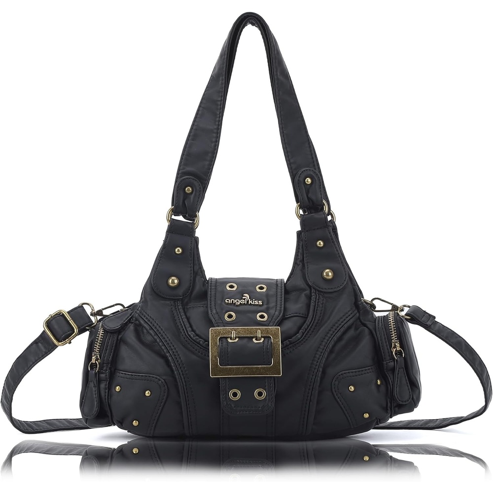 image:imageAngel Kiss Hobo Purses for Women Small Vegan Leather Shoulder Handbag Vintage MultiPocket Crossbody Bag Tote BagBlack
