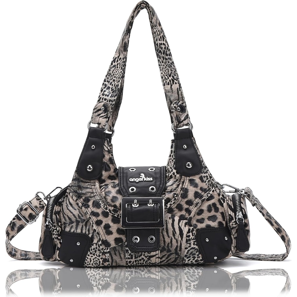 image:imageAngel Kiss Hobo Purses for Women Small Vegan Leather Shoulder Handbag Vintage MultiPocket Crossbody Bag Tote BagGrey Leopard