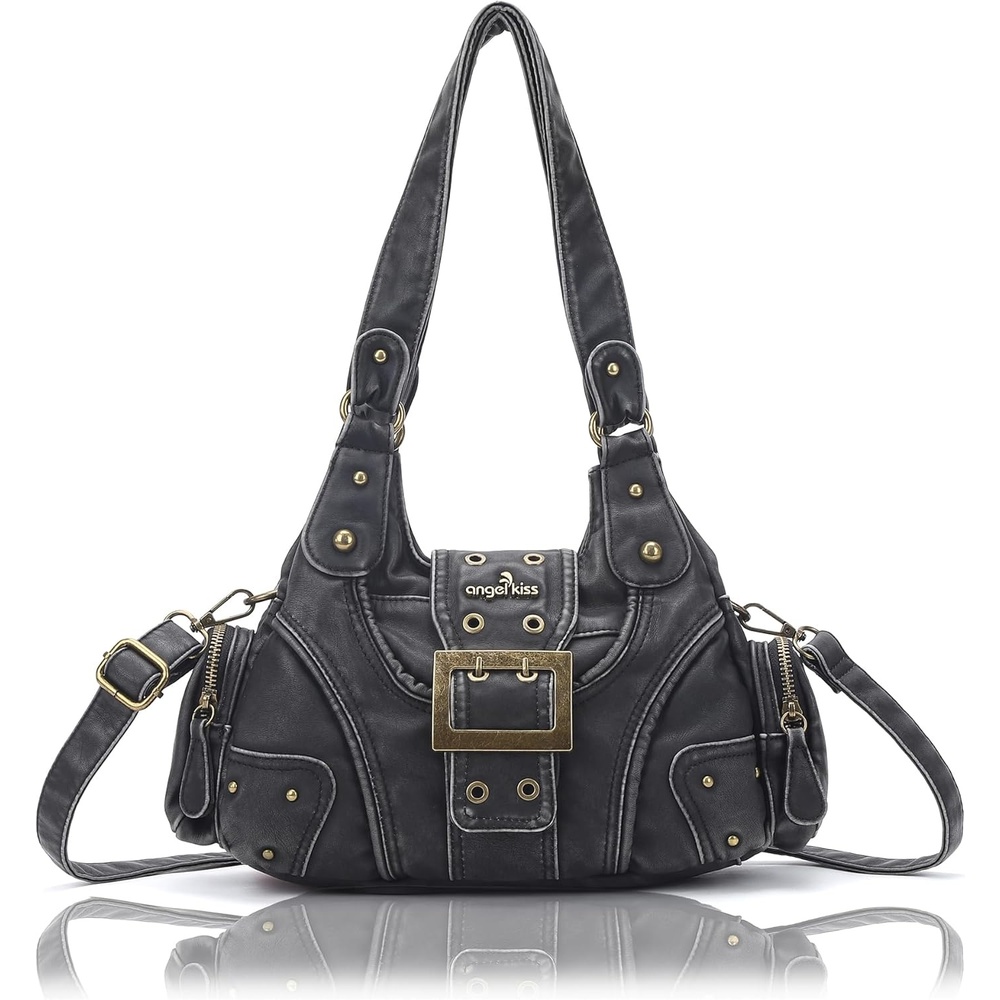 image:imageAngel Kiss Hobo Purses for Women Small Vegan Leather Shoulder Handbag Vintage MultiPocket Crossbody Bag Tote BagRetro Black