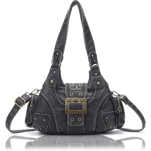 Angel Kiss Hobo Purses for Women, Small Vegan Leather Shoulder Handbag, Vintage Multi-Pocket Crossbody Bag Tote Bag(Retro Black)