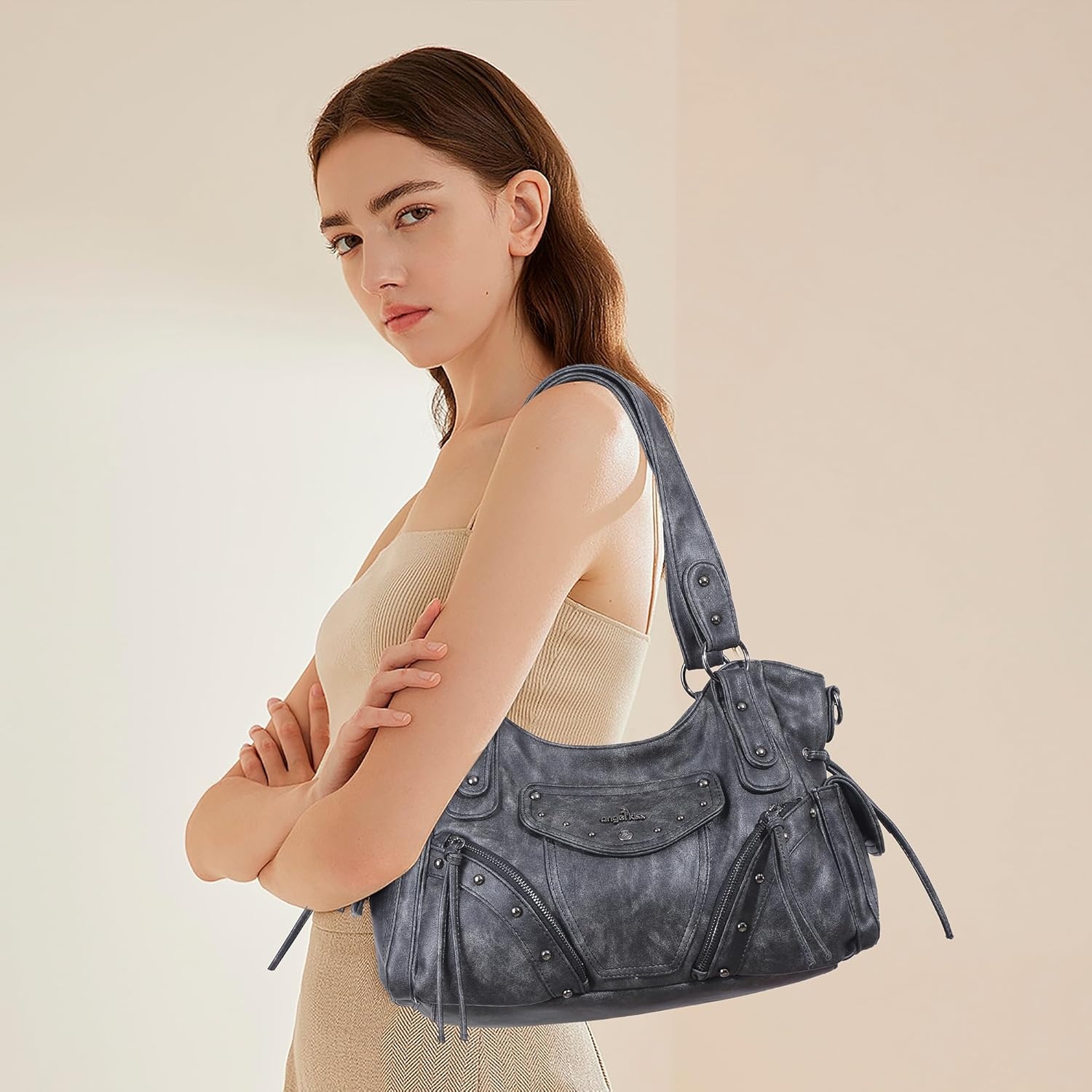 image:imageAngel Kiss Hobo Bag for Women Retro Leather Purses and Handbags Roomy Soft Ladies Satchel Bags with Crossbody StrapBlack