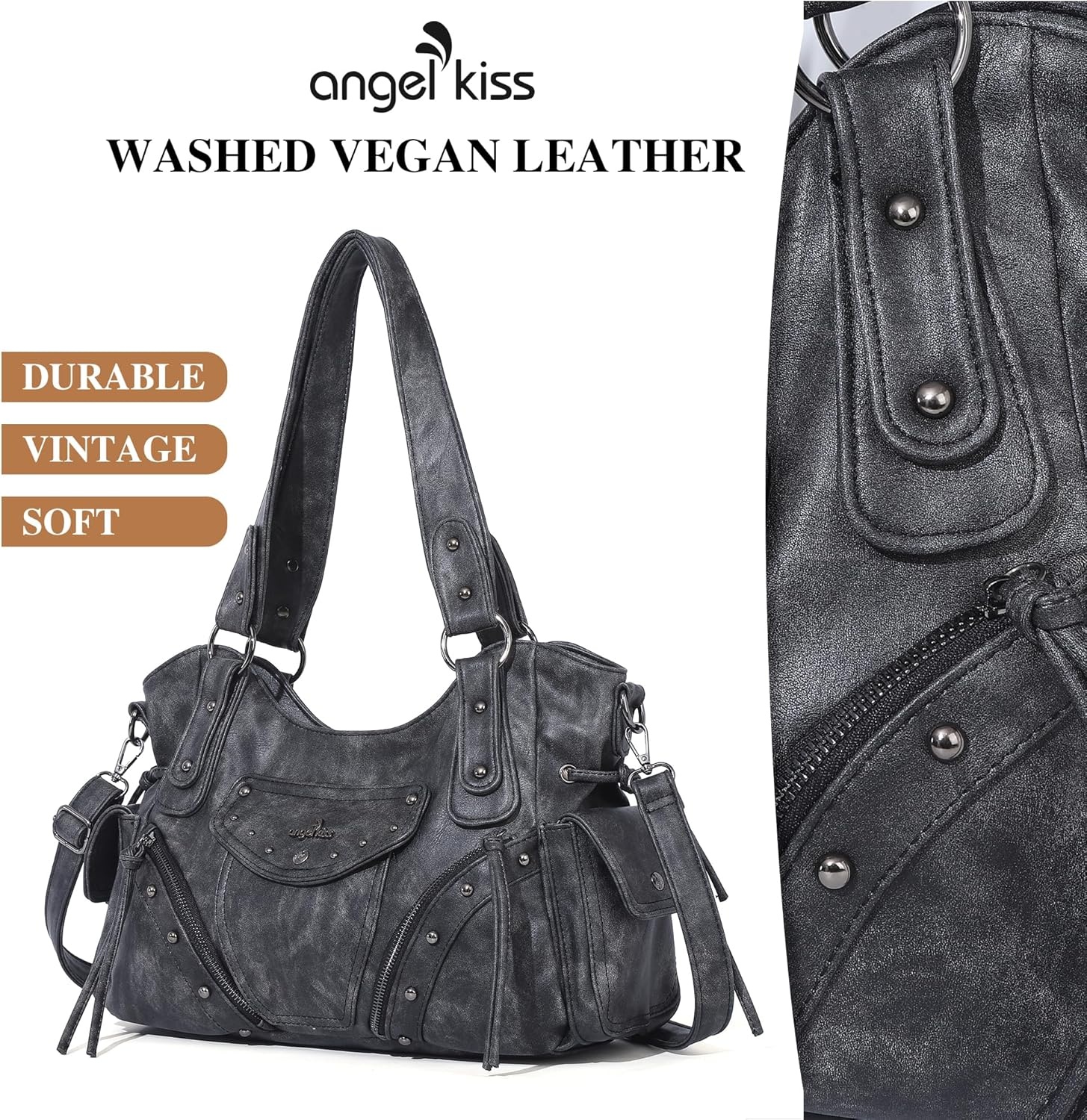 image:imageAngel Kiss Hobo Bag for Women Retro Leather Purses and Handbags Roomy Soft Ladies Satchel Bags with Crossbody StrapBlack