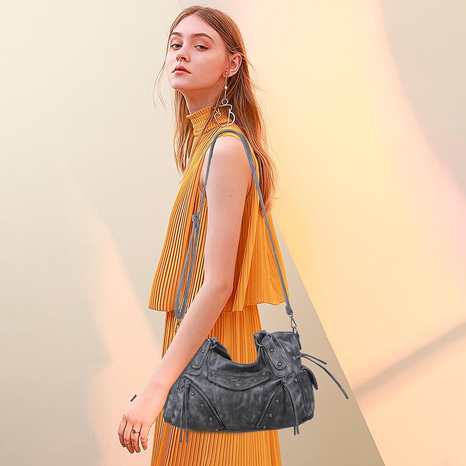 image:imageAngel Kiss Hobo Bag for Women Retro Leather Purses and Handbags Roomy Soft Ladies Satchel Bags with Crossbody StrapBlack
