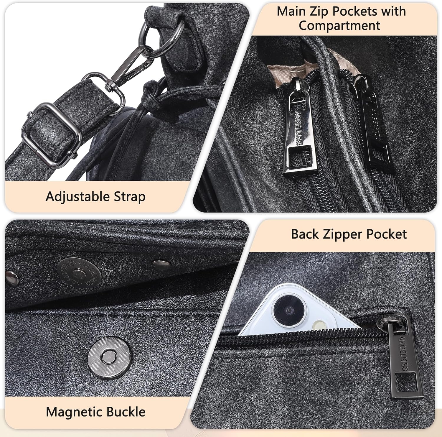 image:imageAngel Kiss Hobo Bag for Women Retro Leather Purses and Handbags Roomy Soft Ladies Satchel Bags with Crossbody StrapBlack