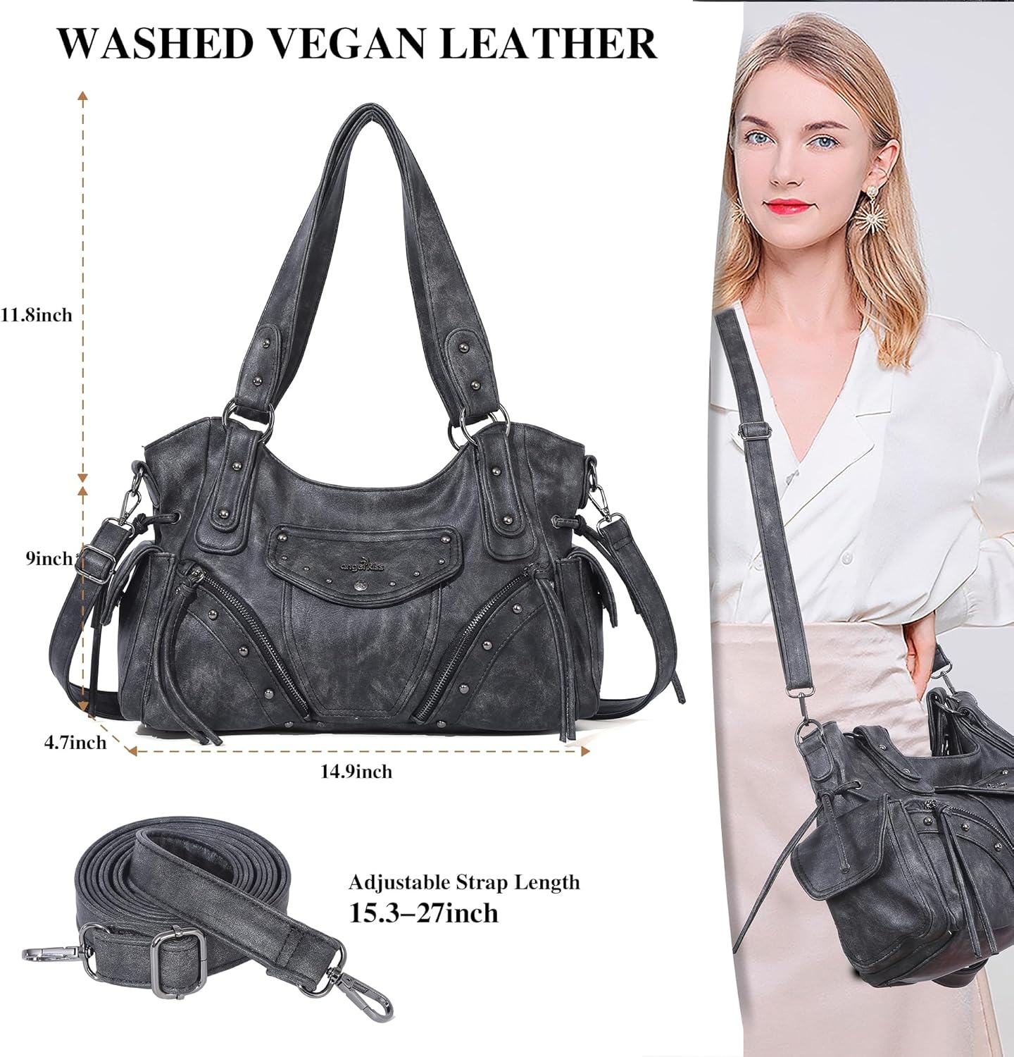 image:imageAngel Kiss Hobo Bag for Women Retro Leather Purses and Handbags Roomy Soft Ladies Satchel Bags with Crossbody StrapBlack