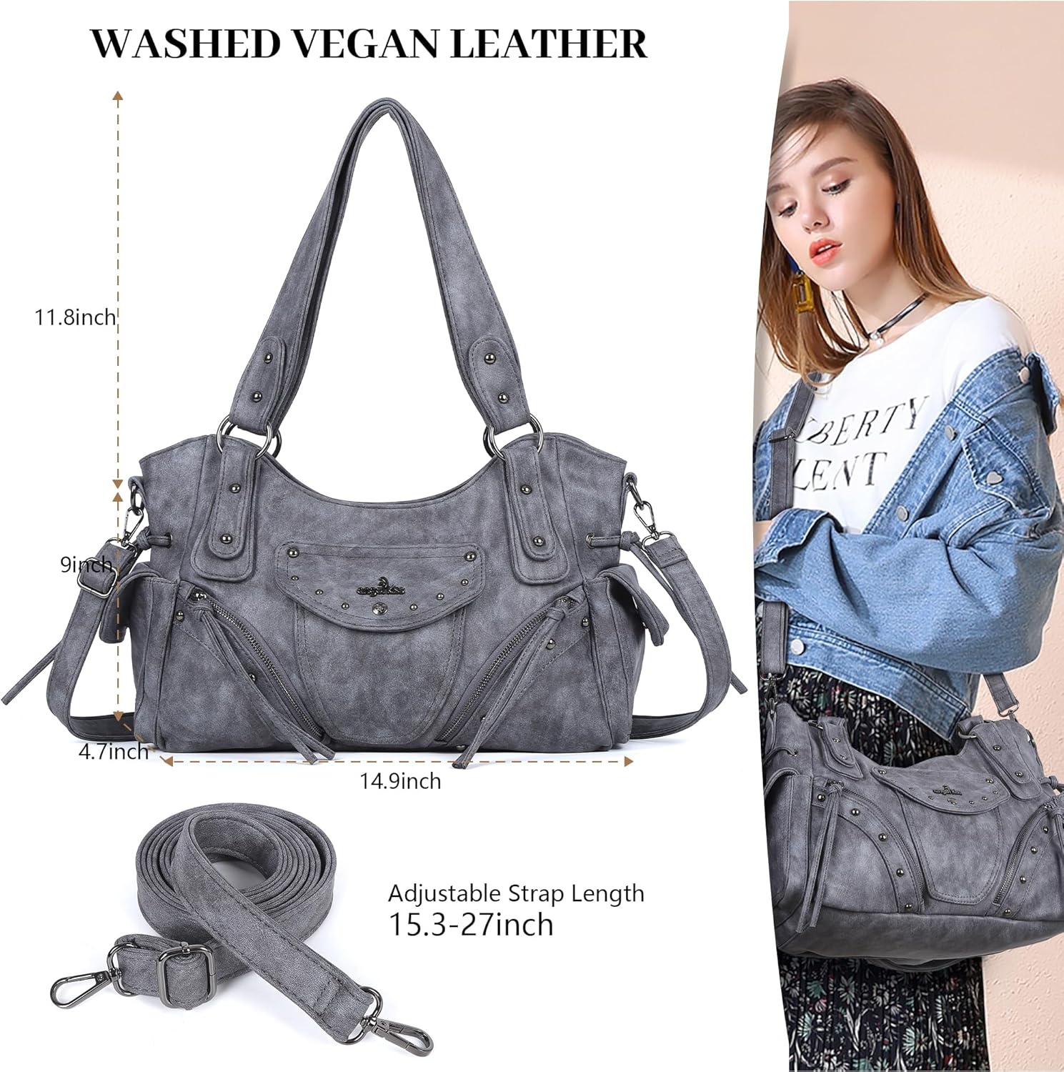image:imageAngel Kiss Hobo Bag for Women Retro Leather Purses and Handbags Roomy Soft Ladies Satchel Bags with Crossbody StrapBlue Grey
