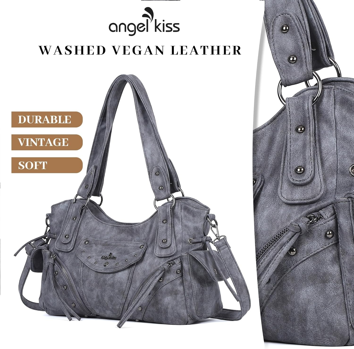 image:imageAngel Kiss Hobo Bag for Women Retro Leather Purses and Handbags Roomy Soft Ladies Satchel Bags with Crossbody StrapBlue Grey