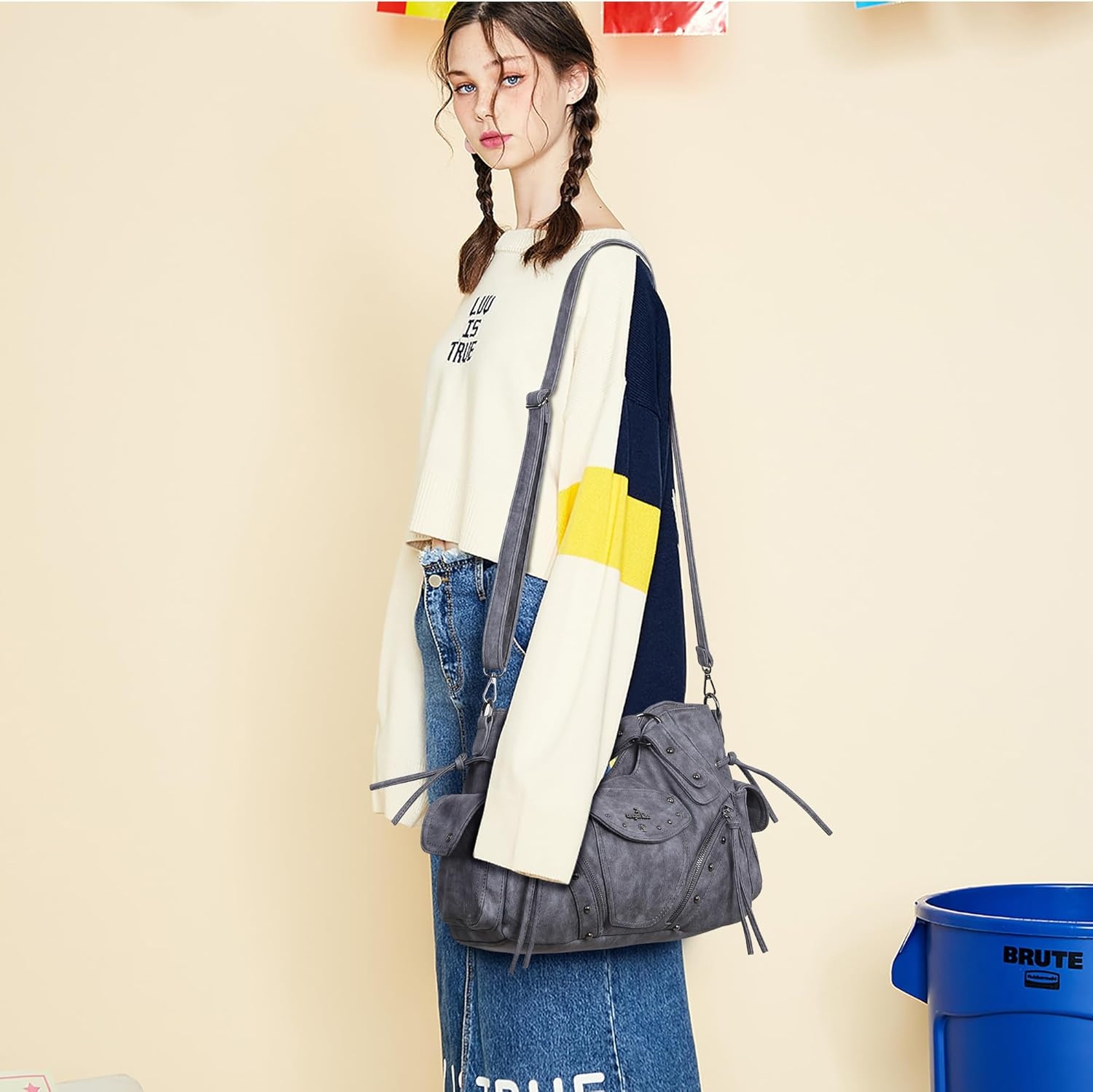 image:imageAngel Kiss Hobo Bag for Women Retro Leather Purses and Handbags Roomy Soft Ladies Satchel Bags with Crossbody StrapBlue Grey