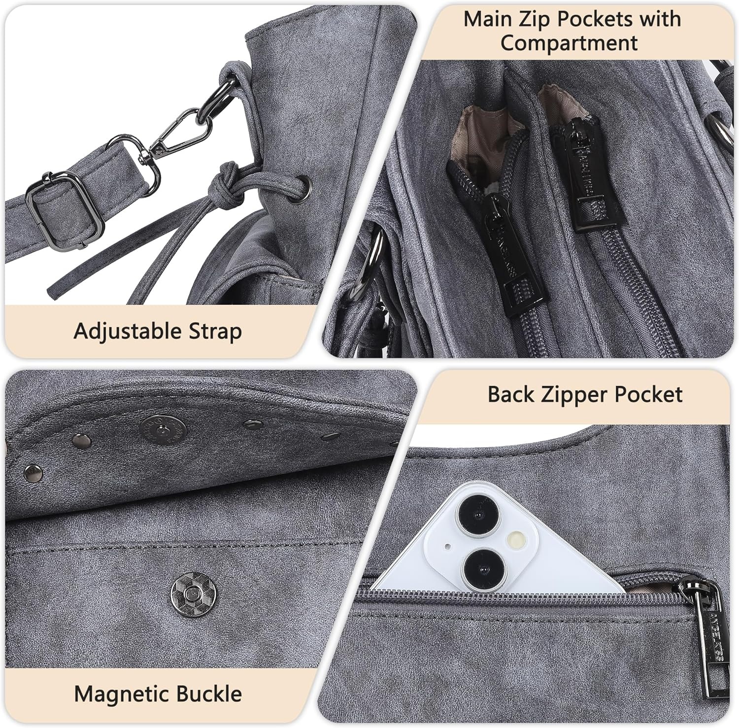 image:imageAngel Kiss Hobo Bag for Women Retro Leather Purses and Handbags Roomy Soft Ladies Satchel Bags with Crossbody StrapBlue Grey