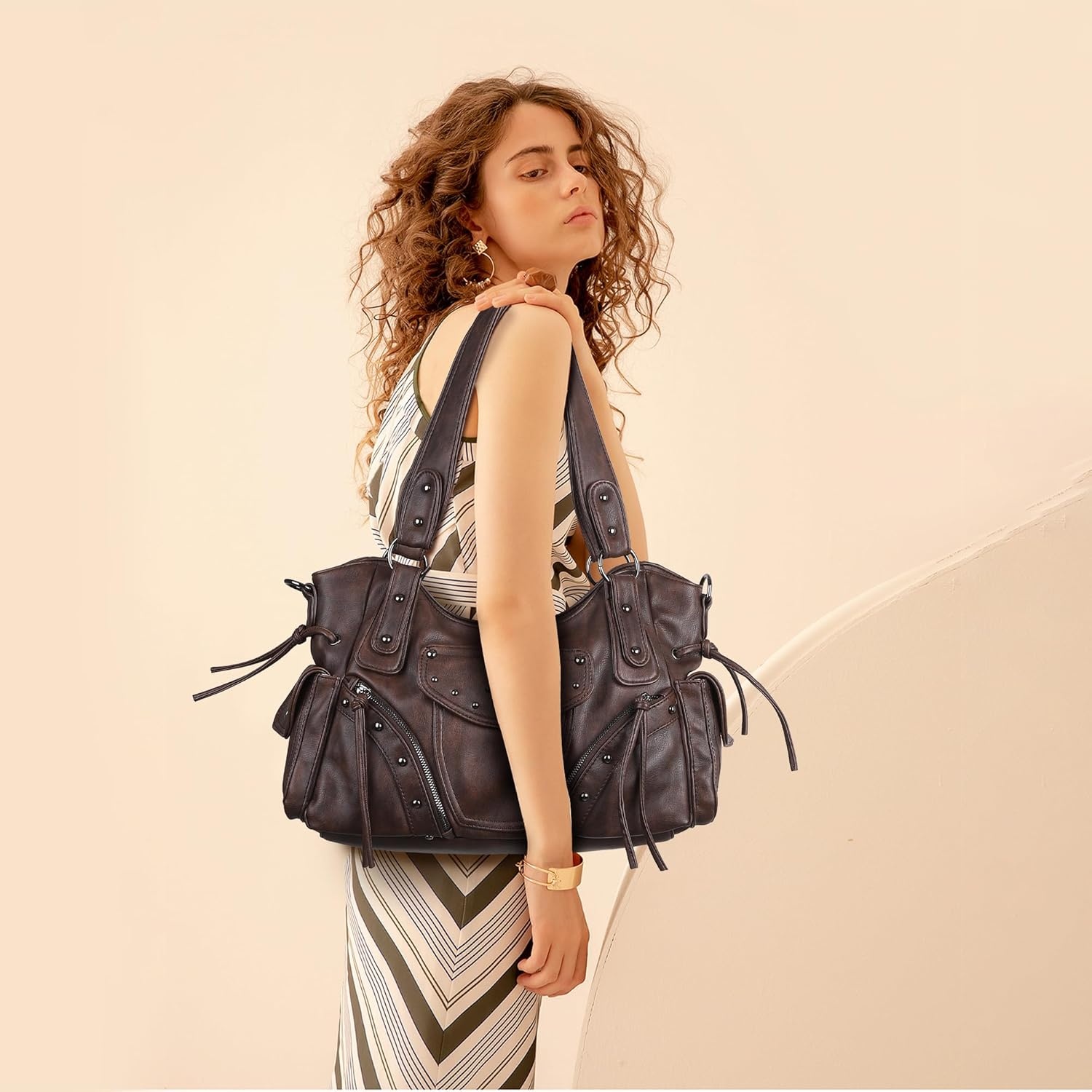 image:imageAngel Kiss Hobo Bag for Women Retro Leather Purses and Handbags Roomy Soft Ladies Satchel Bags with Crossbody StrapBrown
