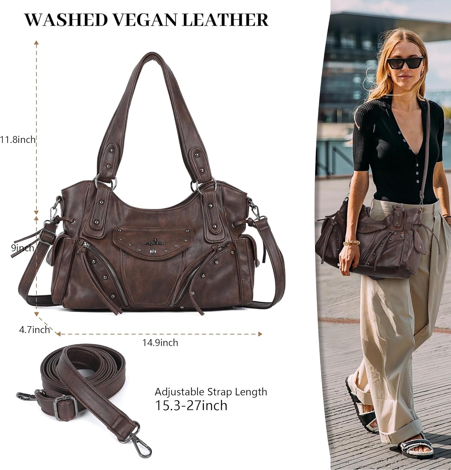 image:imageAngel Kiss Hobo Bag for Women Retro Leather Purses and Handbags Roomy Soft Ladies Satchel Bags with Crossbody StrapBrown