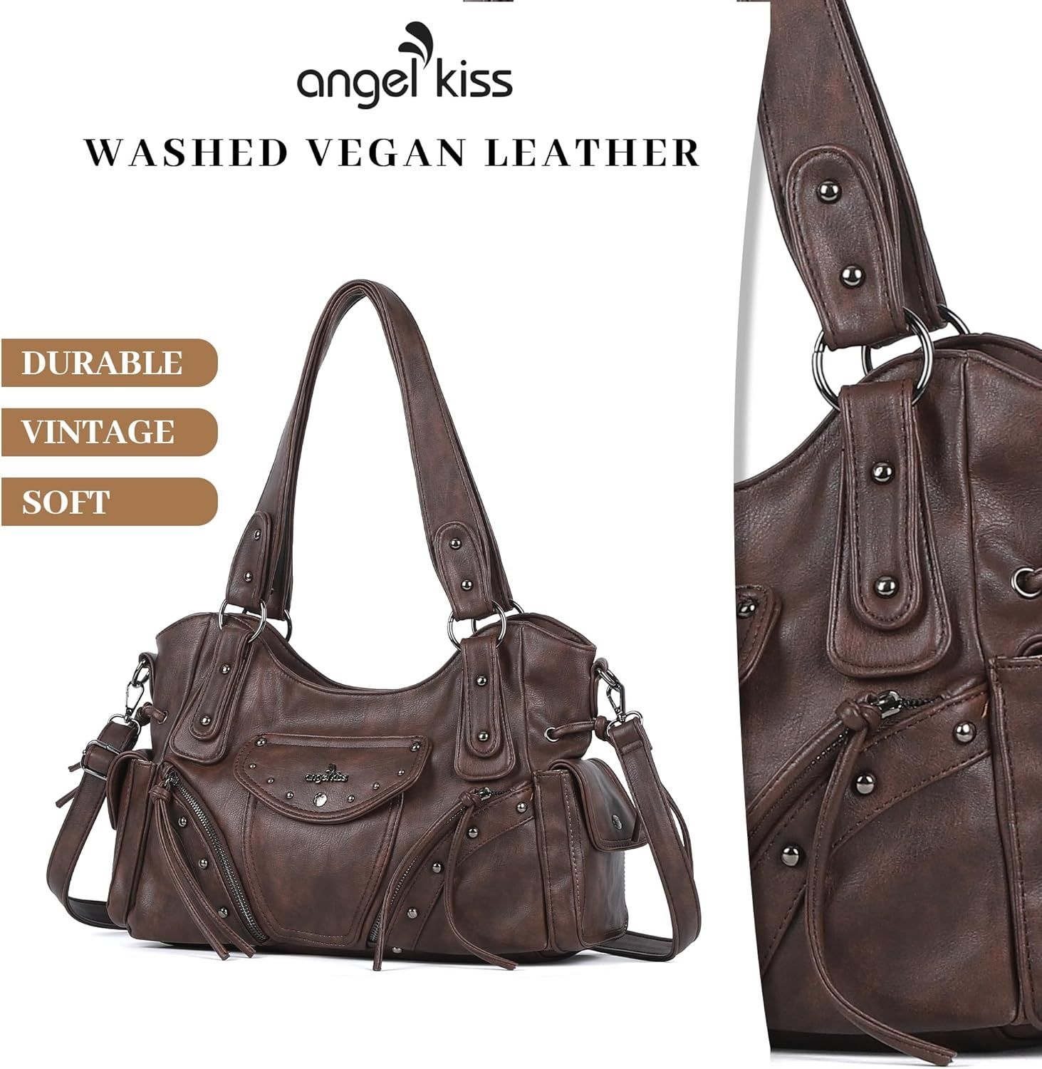 image:imageAngel Kiss Hobo Bag for Women Retro Leather Purses and Handbags Roomy Soft Ladies Satchel Bags with Crossbody StrapBrown