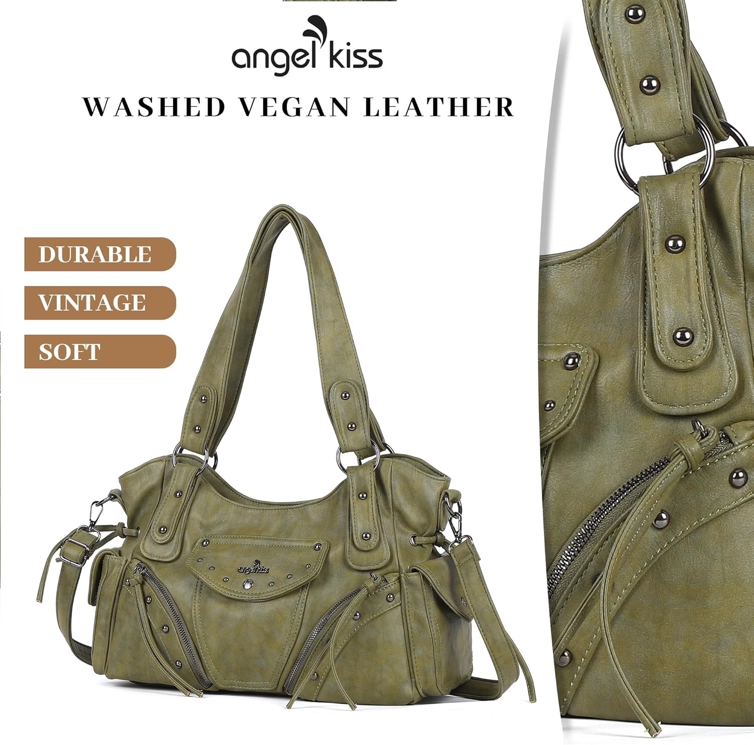 image:imageAngel Kiss Hobo Bag for Women Retro Leather Purses and Handbags Roomy Soft Ladies Satchel Bags with Crossbody StrapGreen