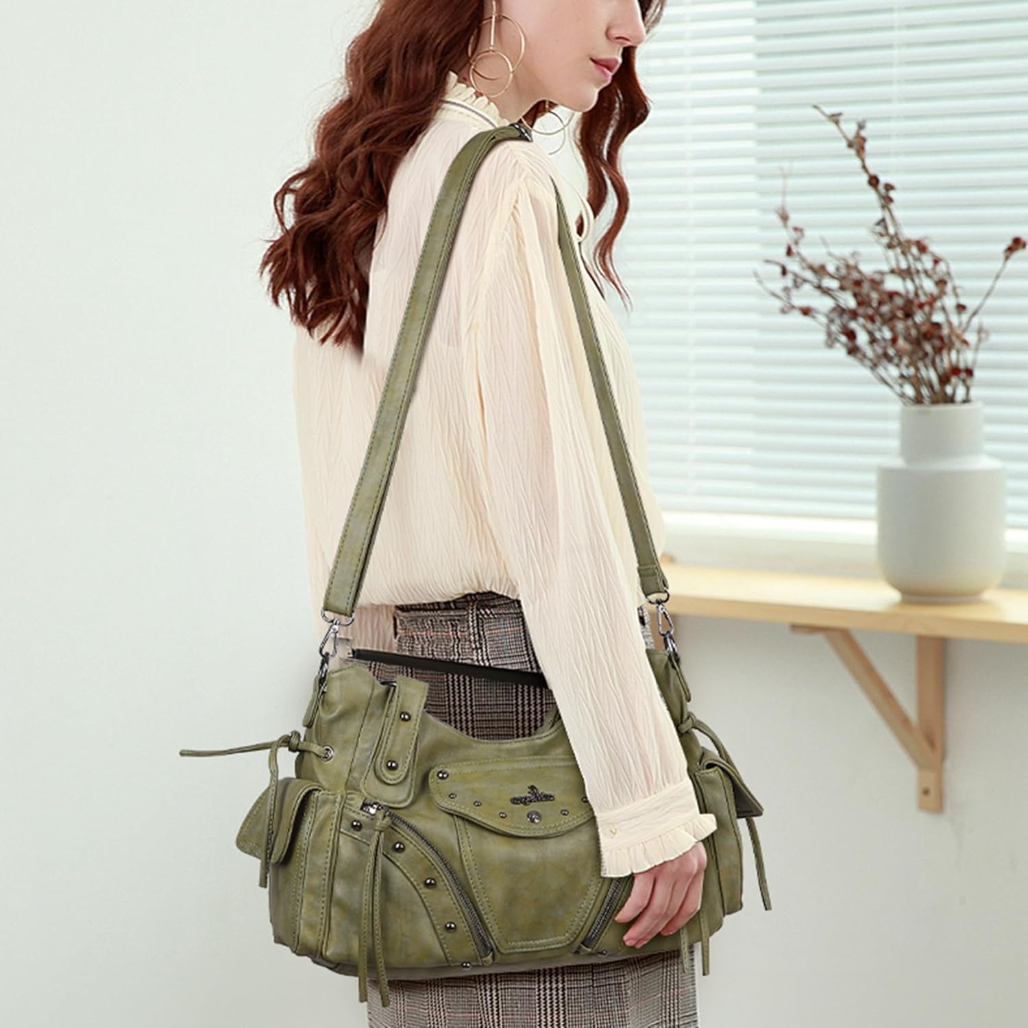 image:imageAngel Kiss Hobo Bag for Women Retro Leather Purses and Handbags Roomy Soft Ladies Satchel Bags with Crossbody StrapGreen