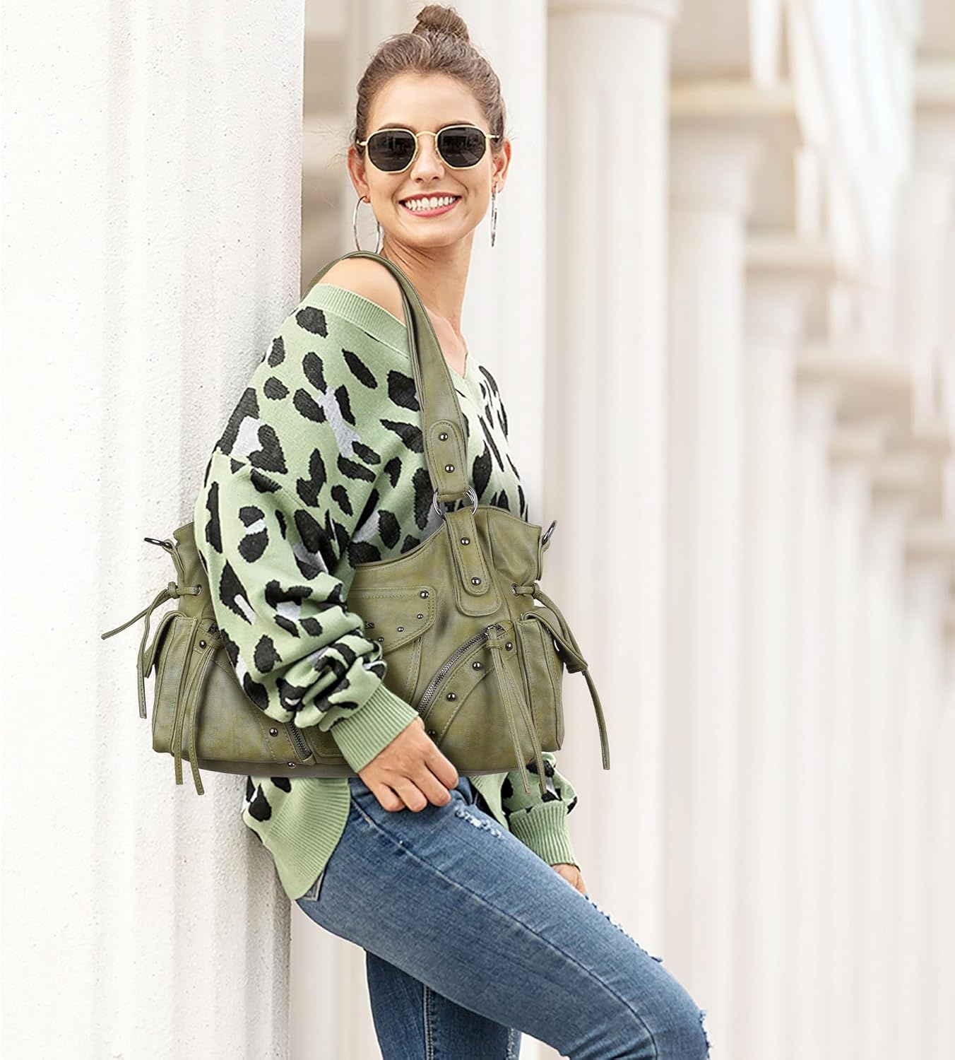 image:imageAngel Kiss Hobo Bag for Women Retro Leather Purses and Handbags Roomy Soft Ladies Satchel Bags with Crossbody StrapGreen