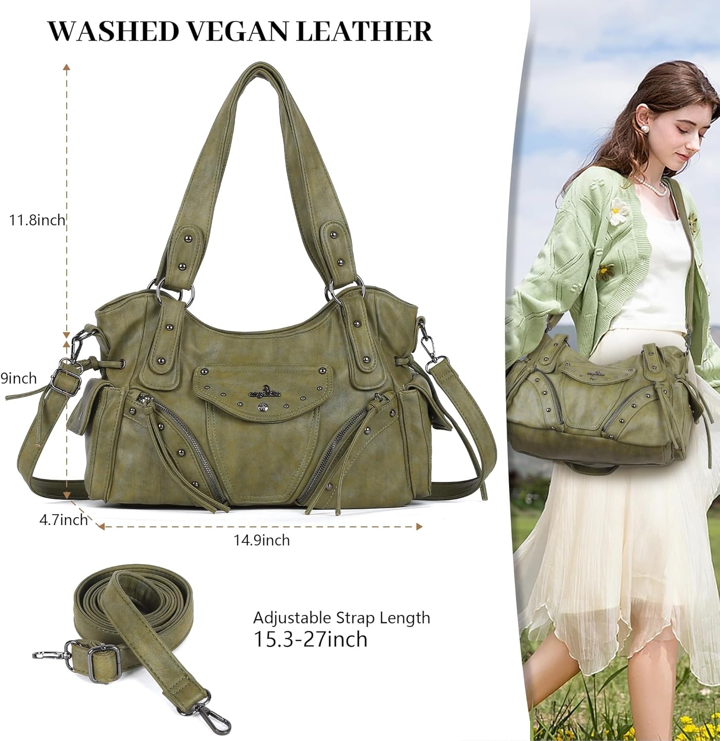 image:imageAngel Kiss Hobo Bag for Women Retro Leather Purses and Handbags Roomy Soft Ladies Satchel Bags with Crossbody StrapGreen