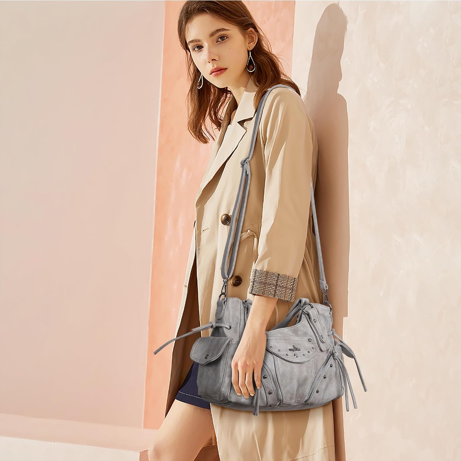 image:imageAngel Kiss Hobo Bag for Women Retro Leather Purses and Handbags Roomy Soft Ladies Satchel Bags with Crossbody StrapGrey Green