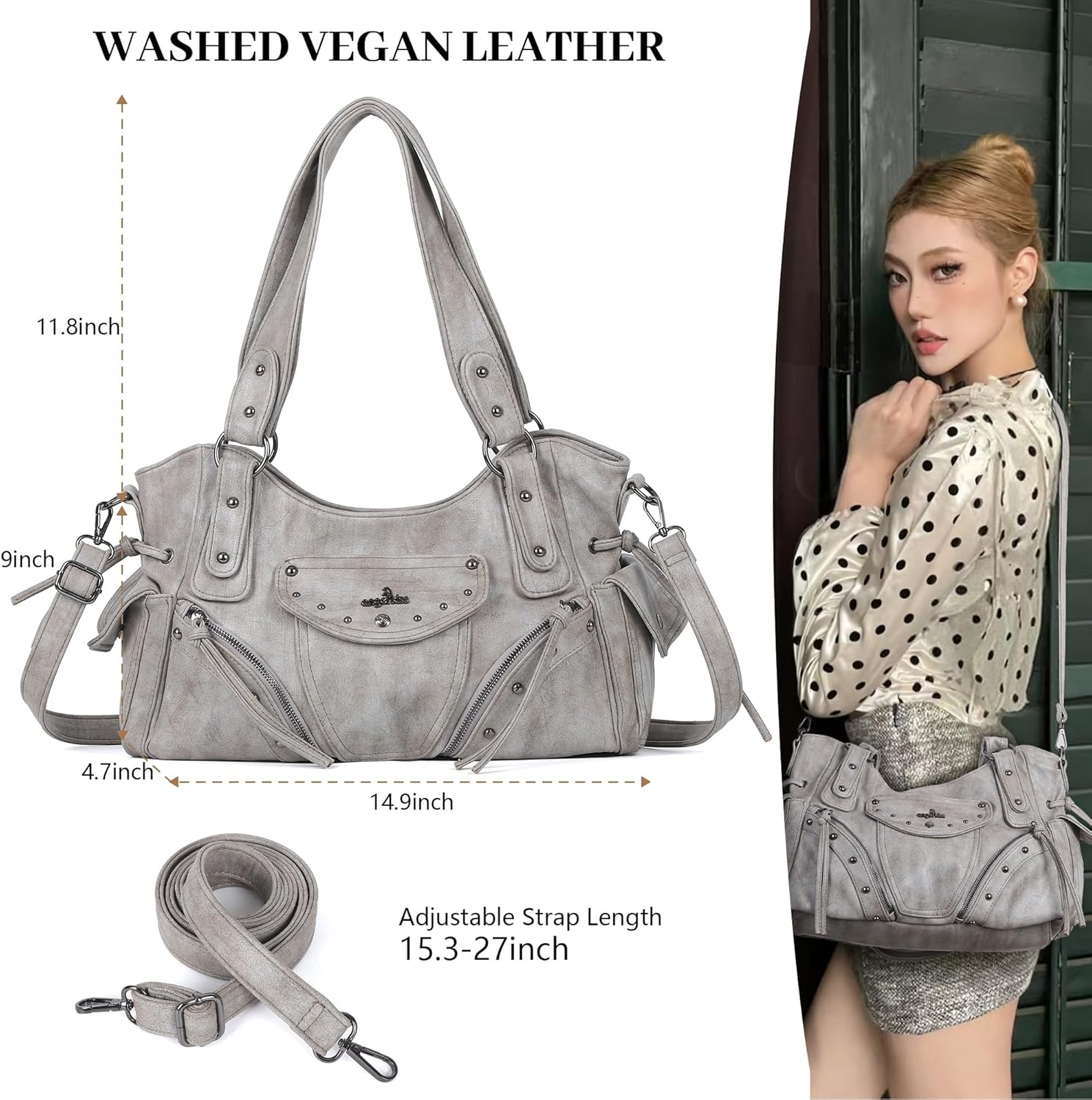 image:imageAngel Kiss Hobo Bag for Women Retro Leather Purses and Handbags Roomy Soft Ladies Satchel Bags with Crossbody StrapGrey Green