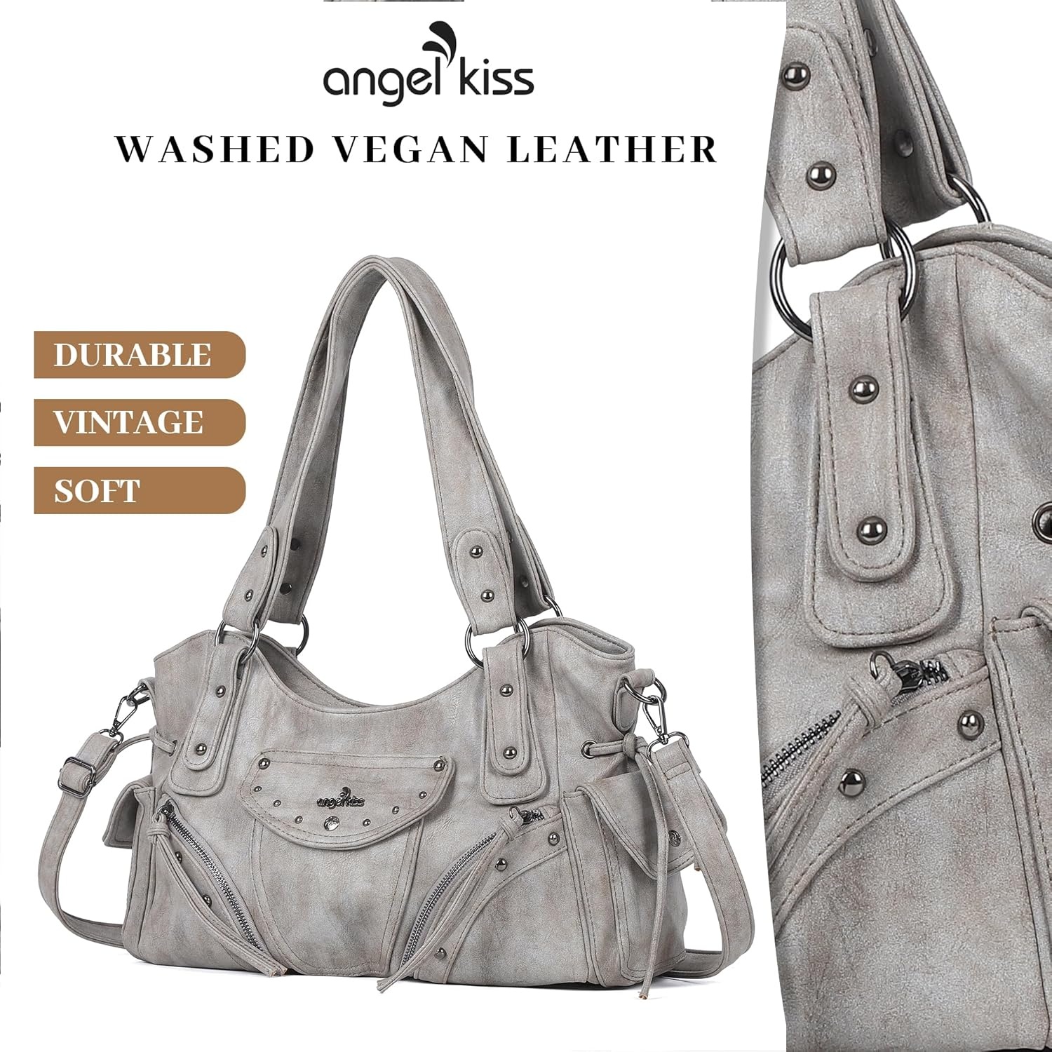 image:imageAngel Kiss Hobo Bag for Women Retro Leather Purses and Handbags Roomy Soft Ladies Satchel Bags with Crossbody StrapGrey Green