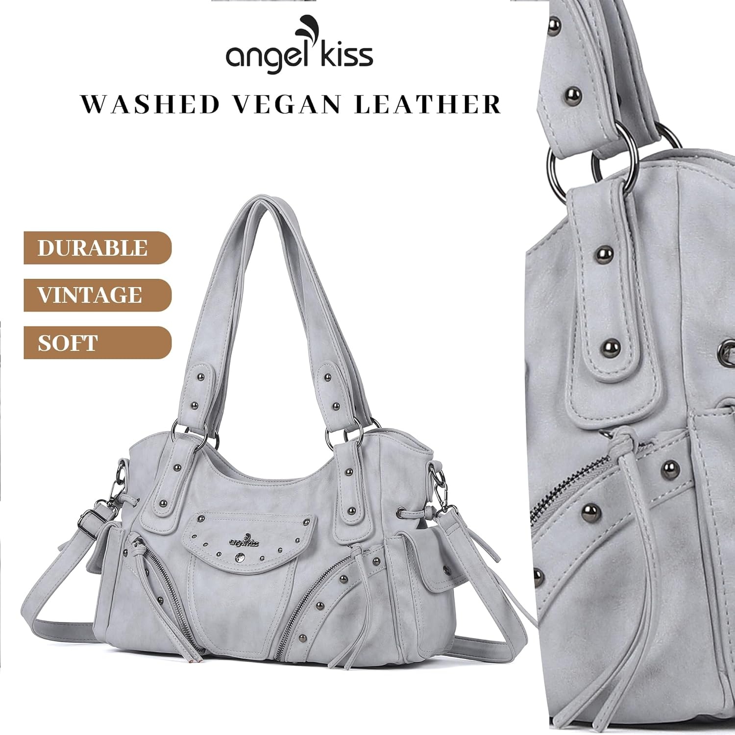 image:imageAngel Kiss Hobo Bag for Women Retro Leather Purses and Handbags Roomy Soft Ladies Satchel Bags with Crossbody StrapLgrey