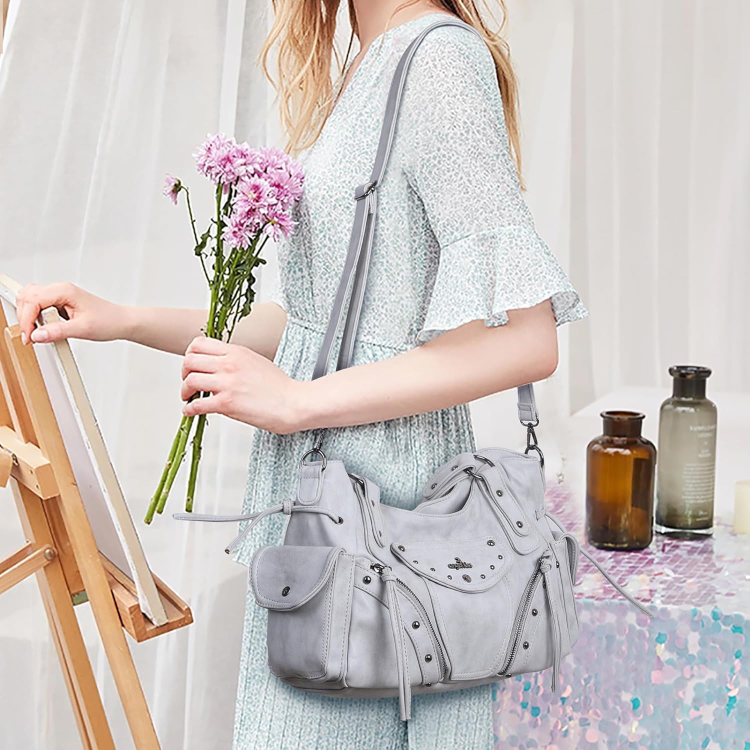 image:imageAngel Kiss Hobo Bag for Women Retro Leather Purses and Handbags Roomy Soft Ladies Satchel Bags with Crossbody StrapLgrey