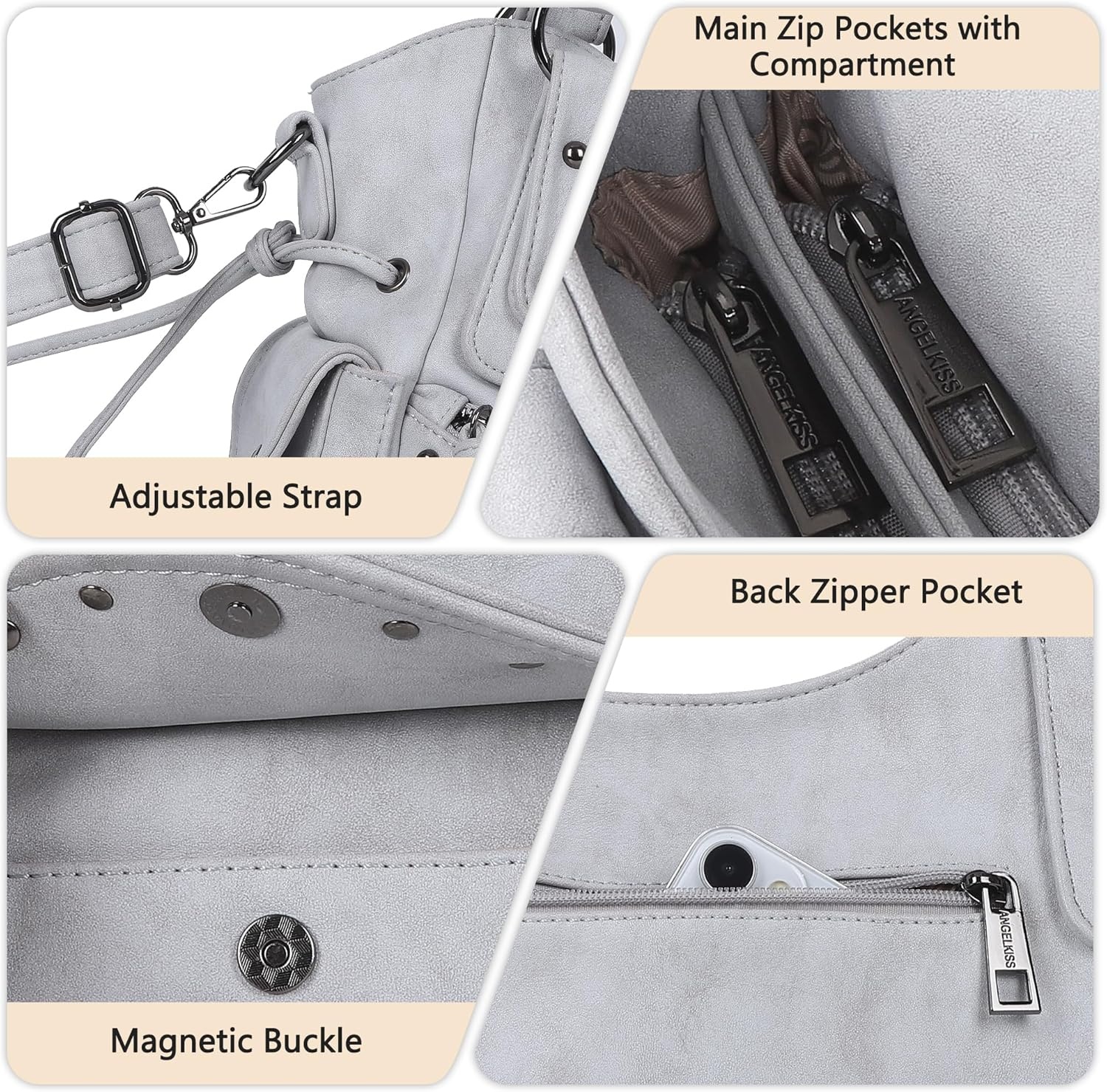 image:imageAngel Kiss Hobo Bag for Women Retro Leather Purses and Handbags Roomy Soft Ladies Satchel Bags with Crossbody StrapLgrey